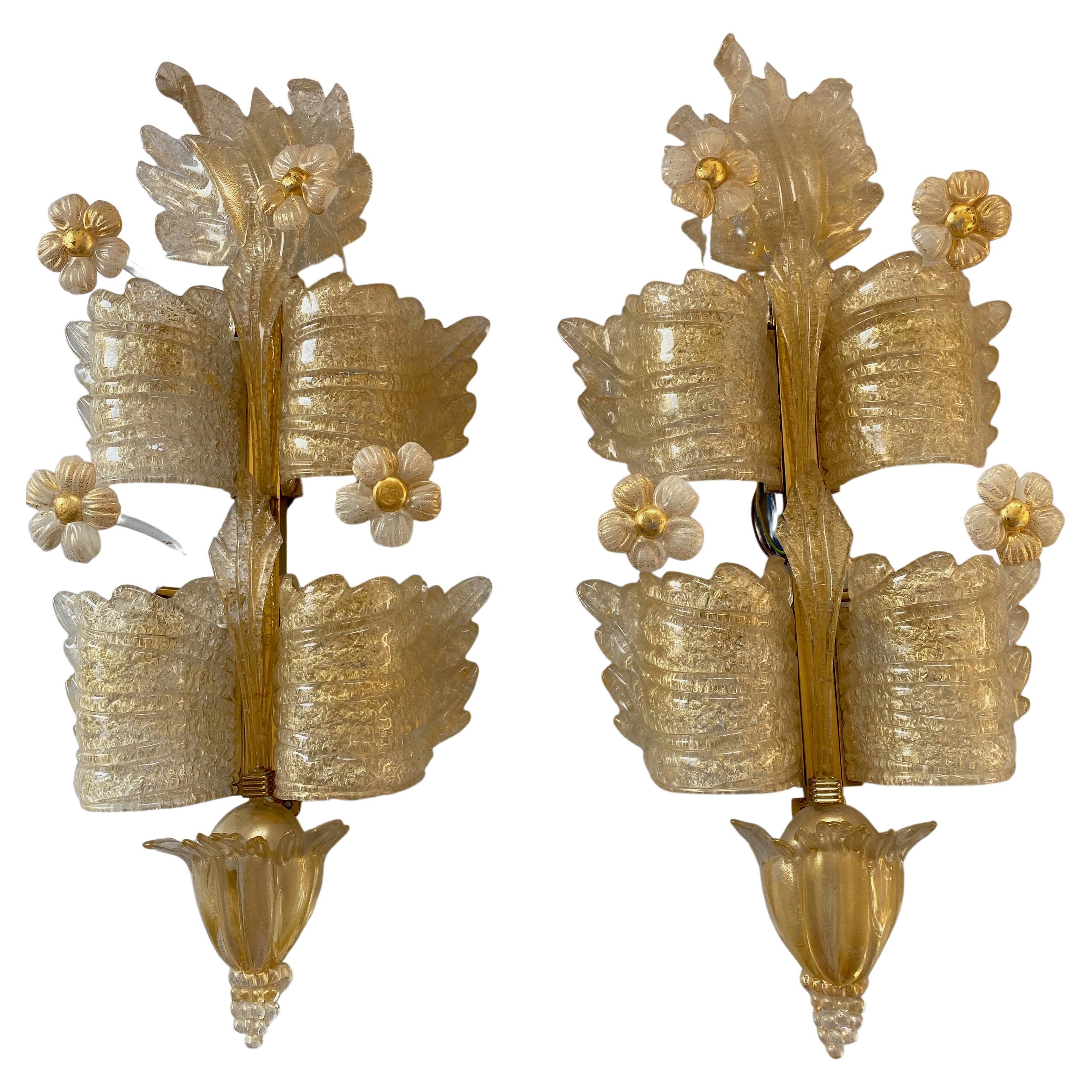 1970/80′ Pair of Murano Glass Or Crystal Sconces Barovier & Toso Butterfly Shape For Sale