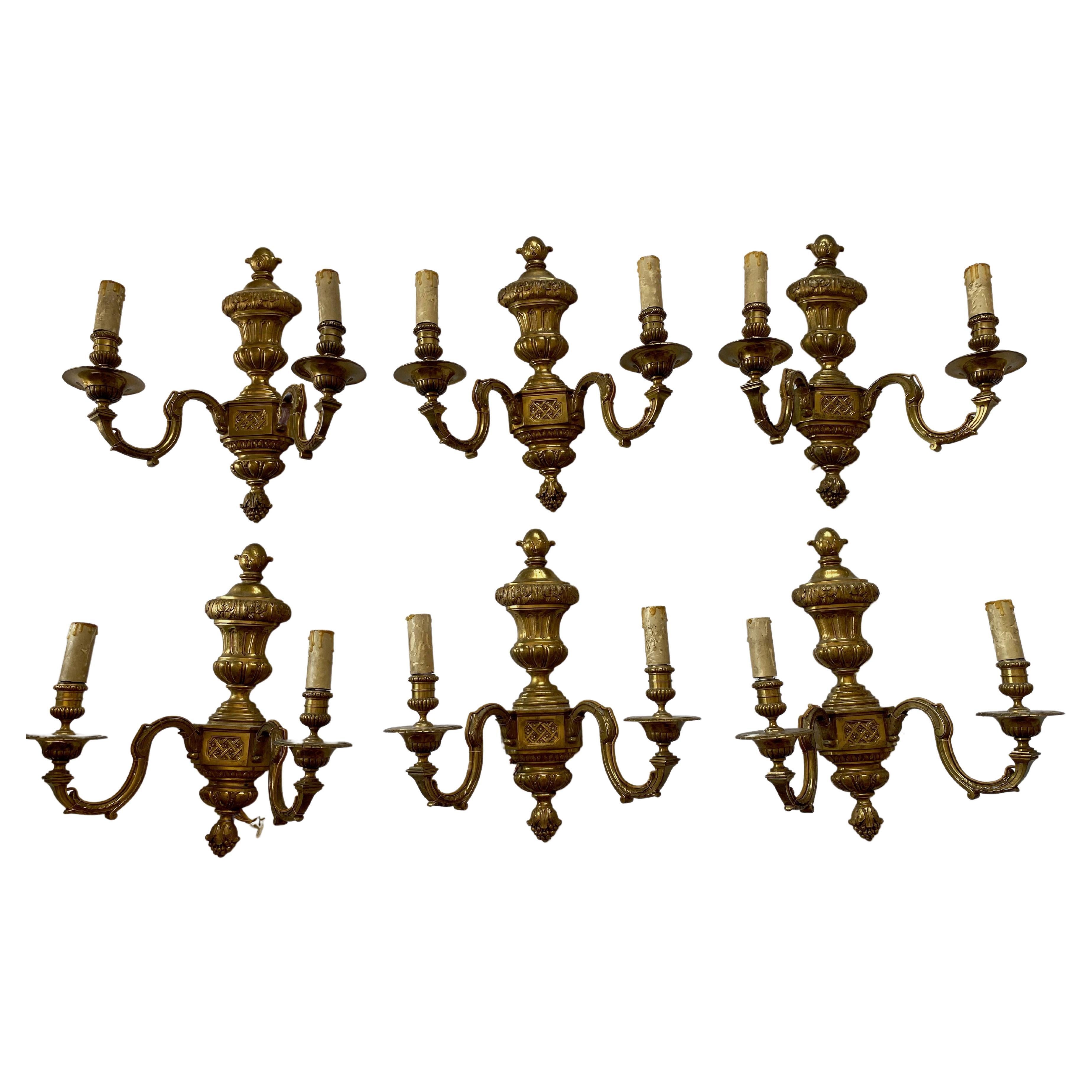 Series 6 Wall Lights in Gilt Bronze Style of Lxvi Maison Bagués Label, 1970/80 For Sale