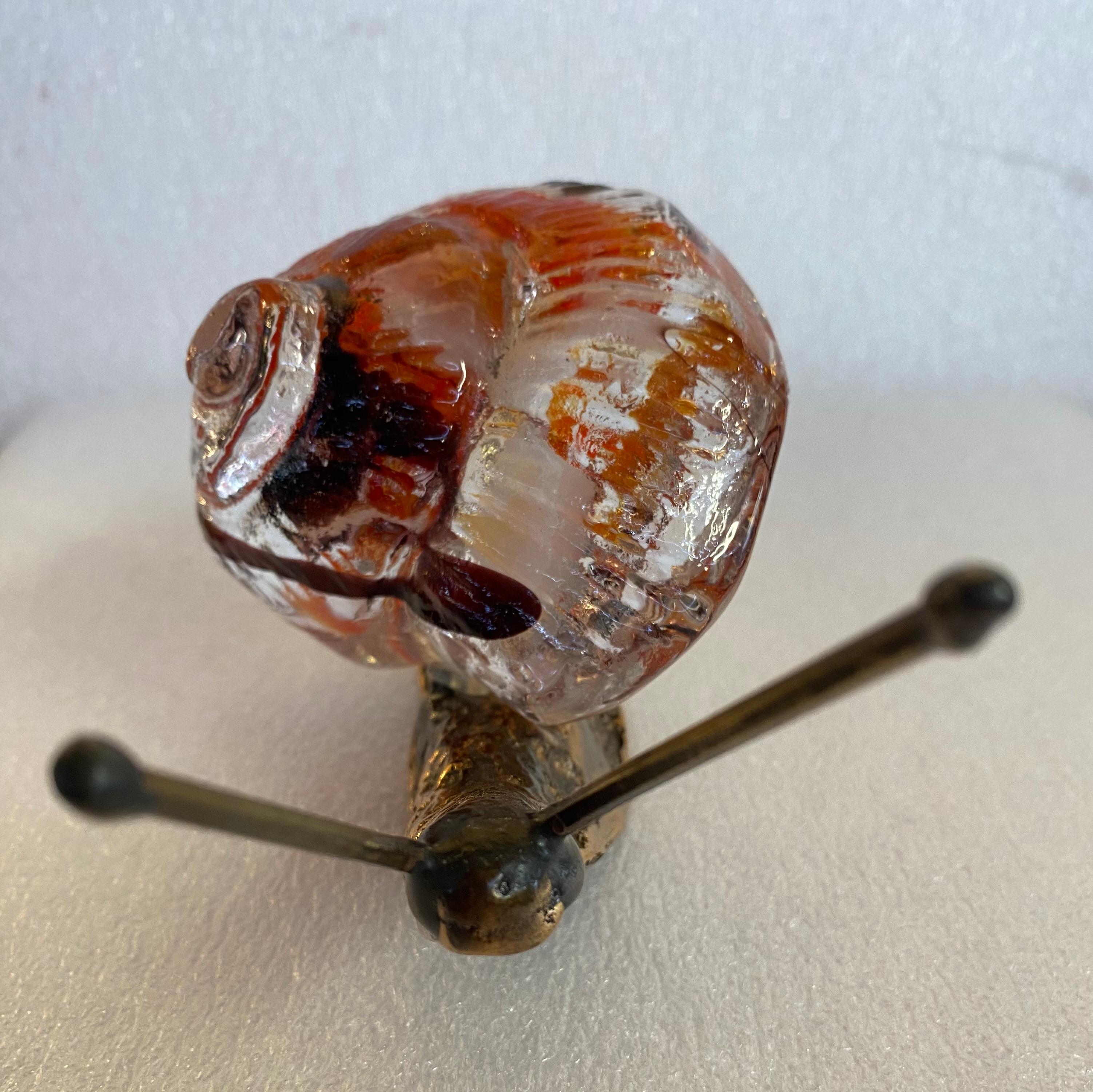 Brutalist 1970/80 Snail In Bronze And Glass Paste, Sculpture Signed LOHE For Sale