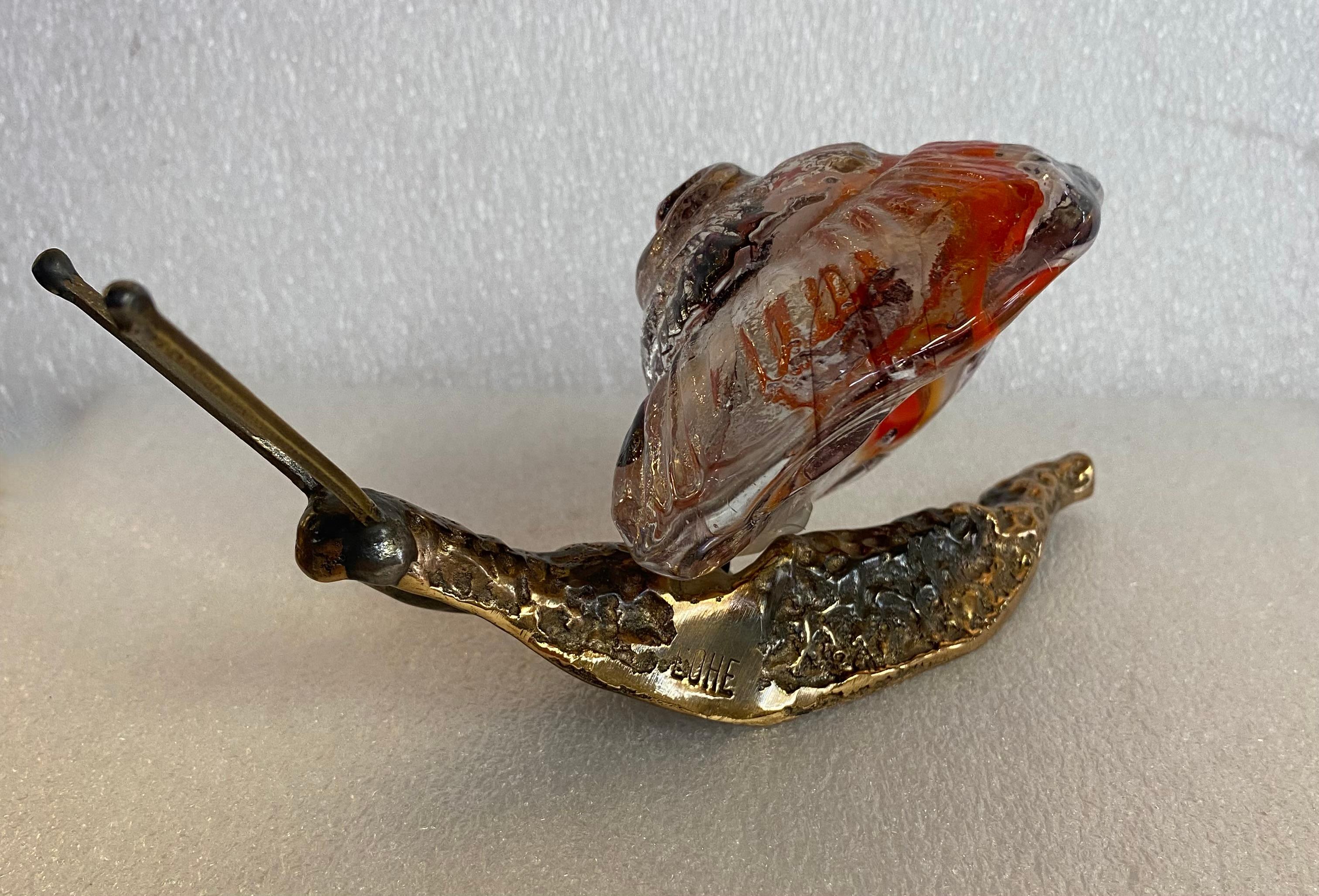 Gilt 1970/80 Snail In Bronze And Glass Paste, Sculpture Signed LOHE For Sale
