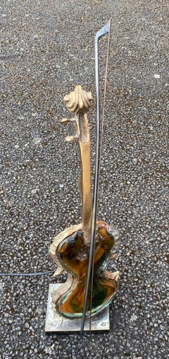 1970/80 Violin Lamp In Bronze And Glass Paste, Sculpture Signed LOHE