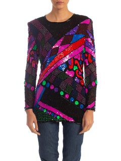 Top da festa anni '80 in chiffon di seta nero con perline a maniche lunghe rosa e viola