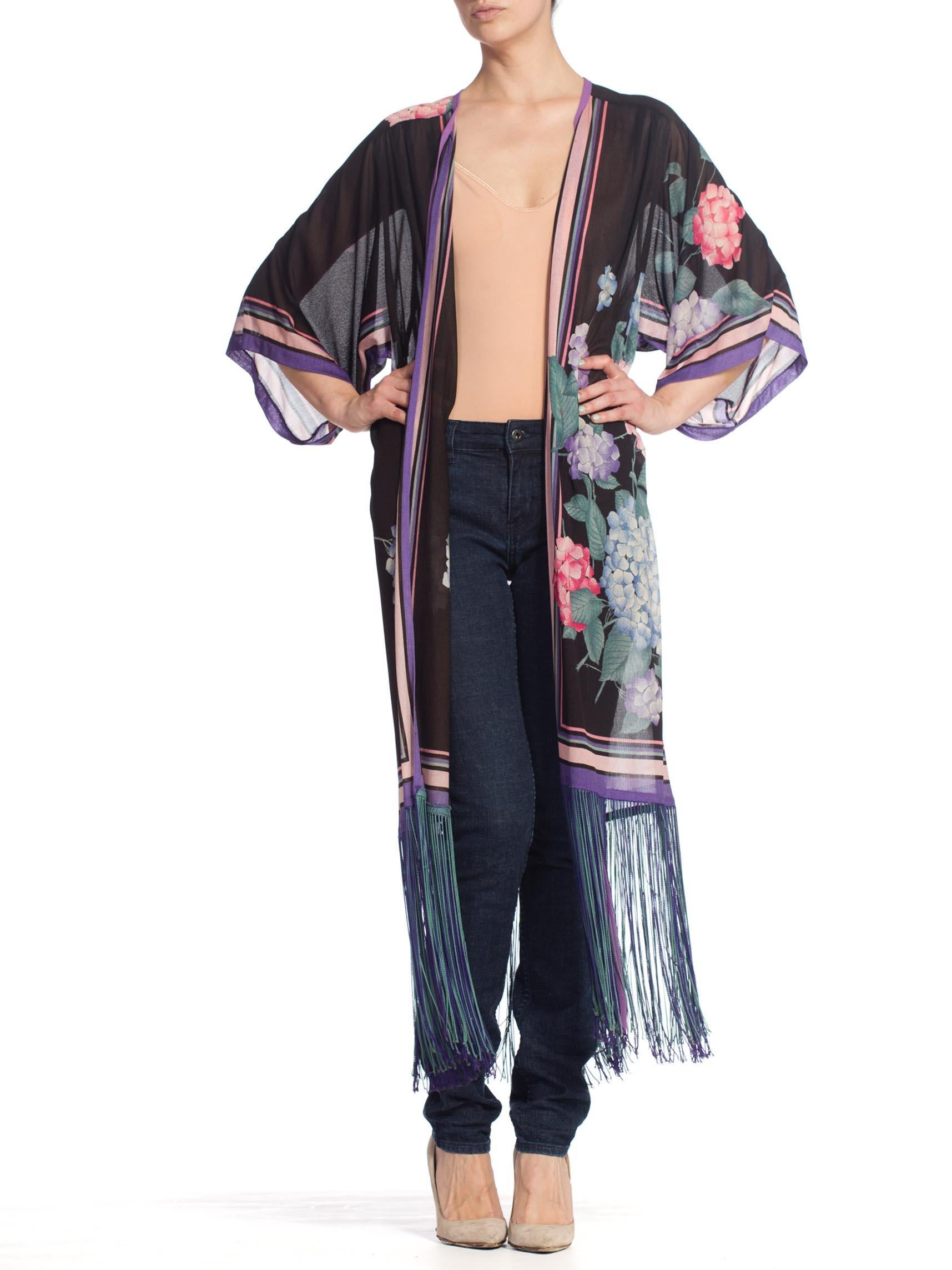 Black 1970/80'S Gottex Leonard Style Floral Fringe Kimono Robe