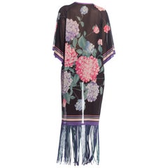 Retro 1970/80'S Gottex Leonard Style Floral Fringe Kimono Robe