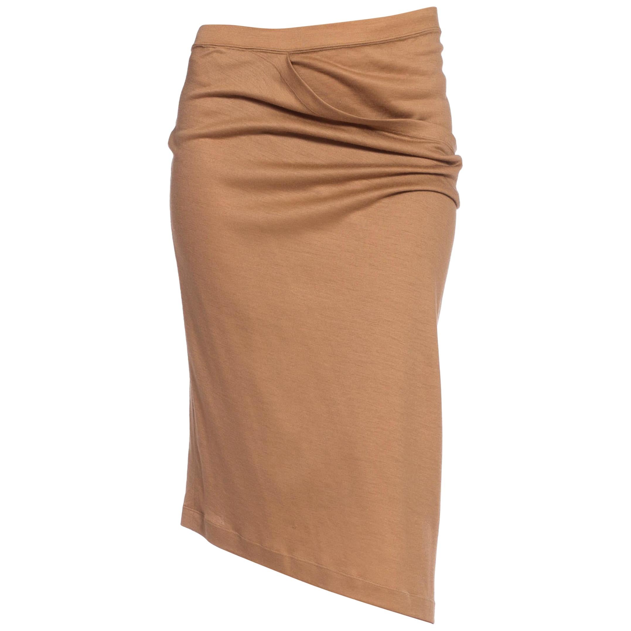 1970S ISSEY MIYAKE Camel Bronze Wool Jersey Draped  Skirt For Sale