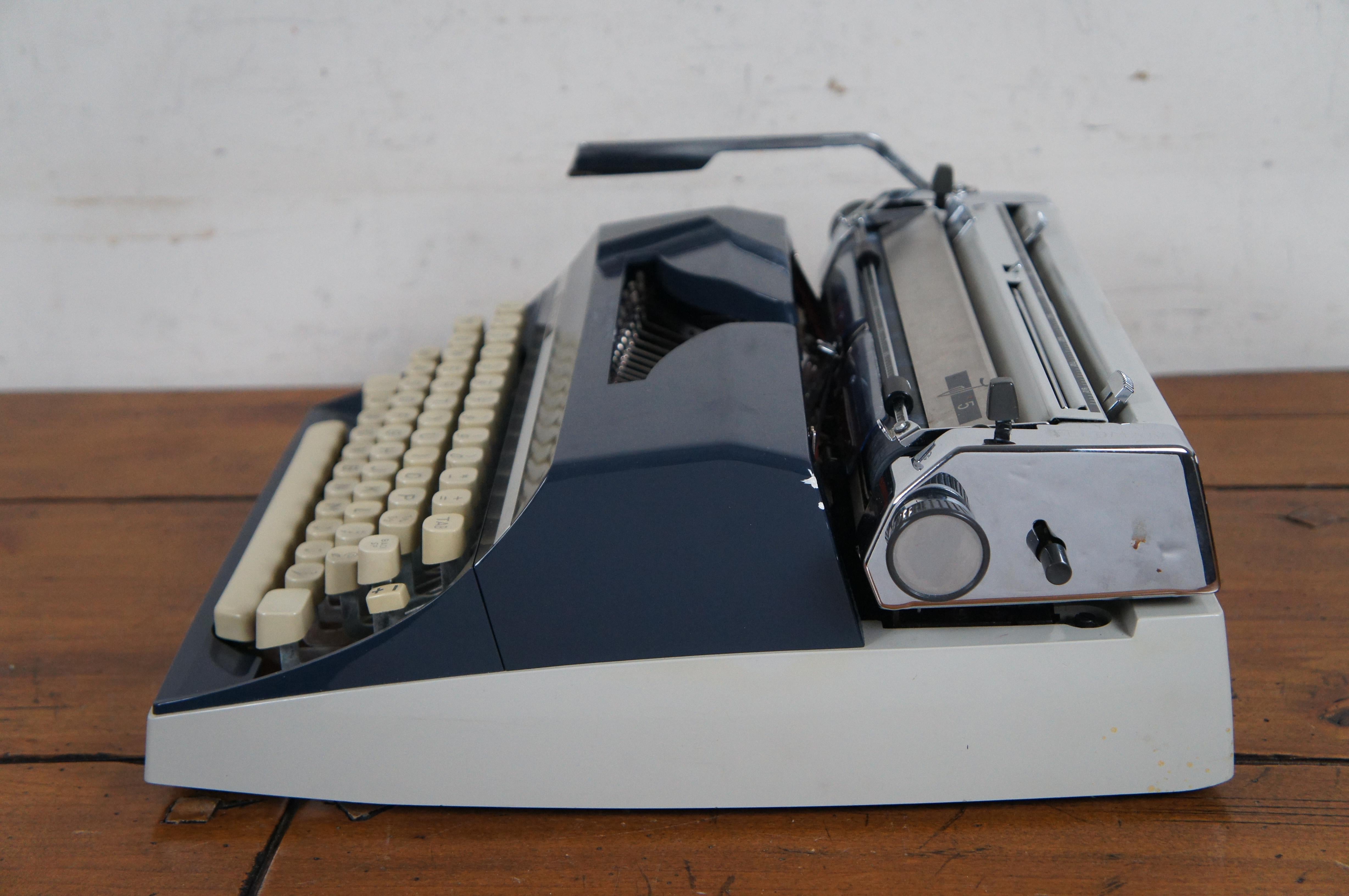 Metal 1970 Adler German J5 Navy Blue Gray Mechanical Portable Typewriter & Case For Sale