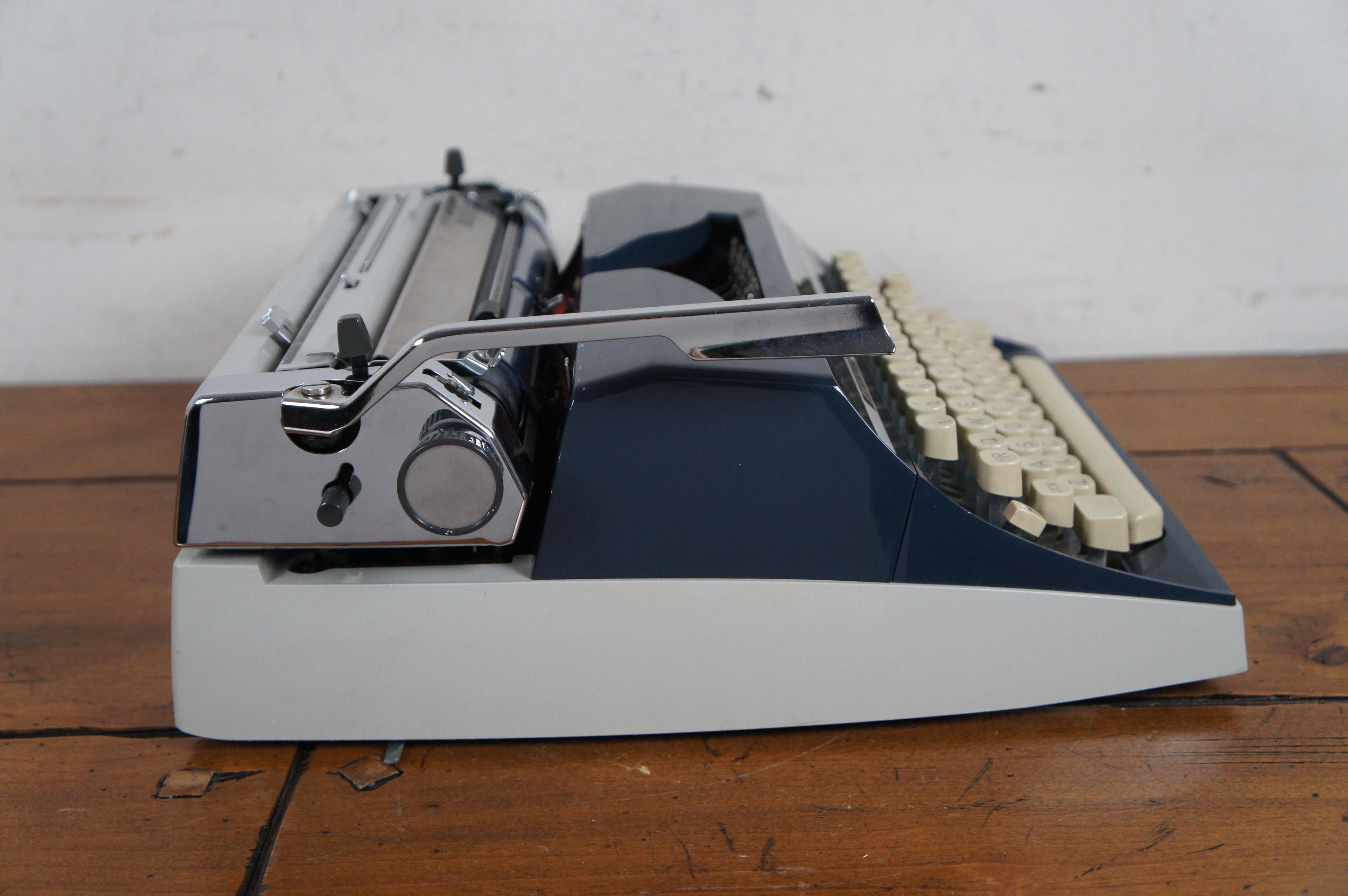 1970 Adler German J5 Navy Blue Gray Mechanical Portable Typewriter & Case For Sale 2