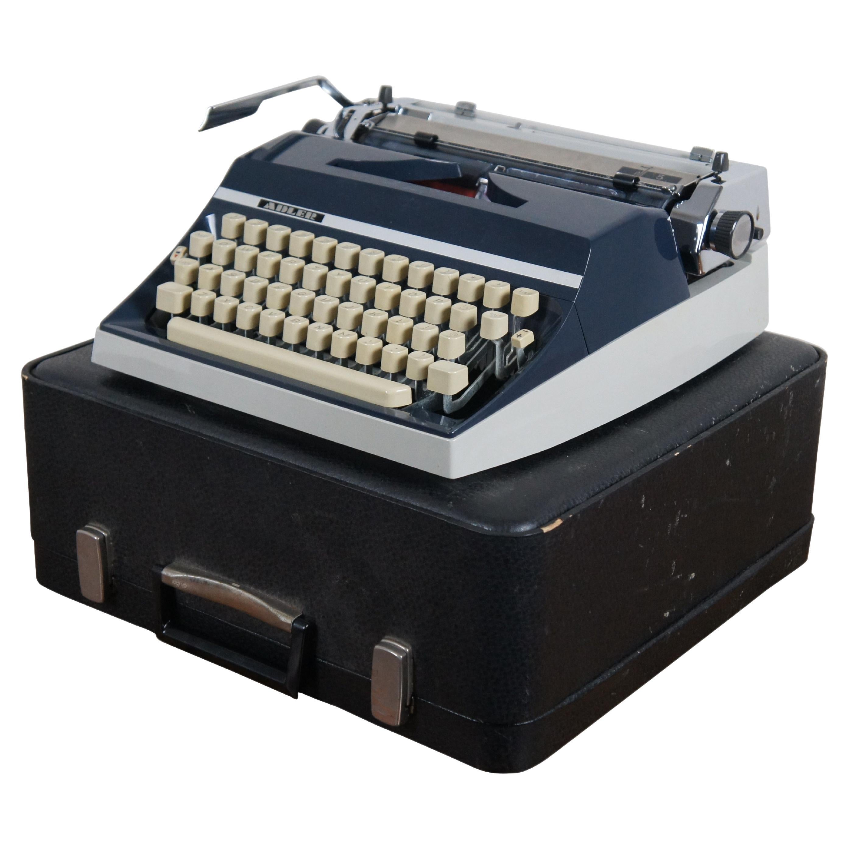 1970 Adler German J5 Navy Blue Gray Mechanical Portable Typewriter & Case For Sale