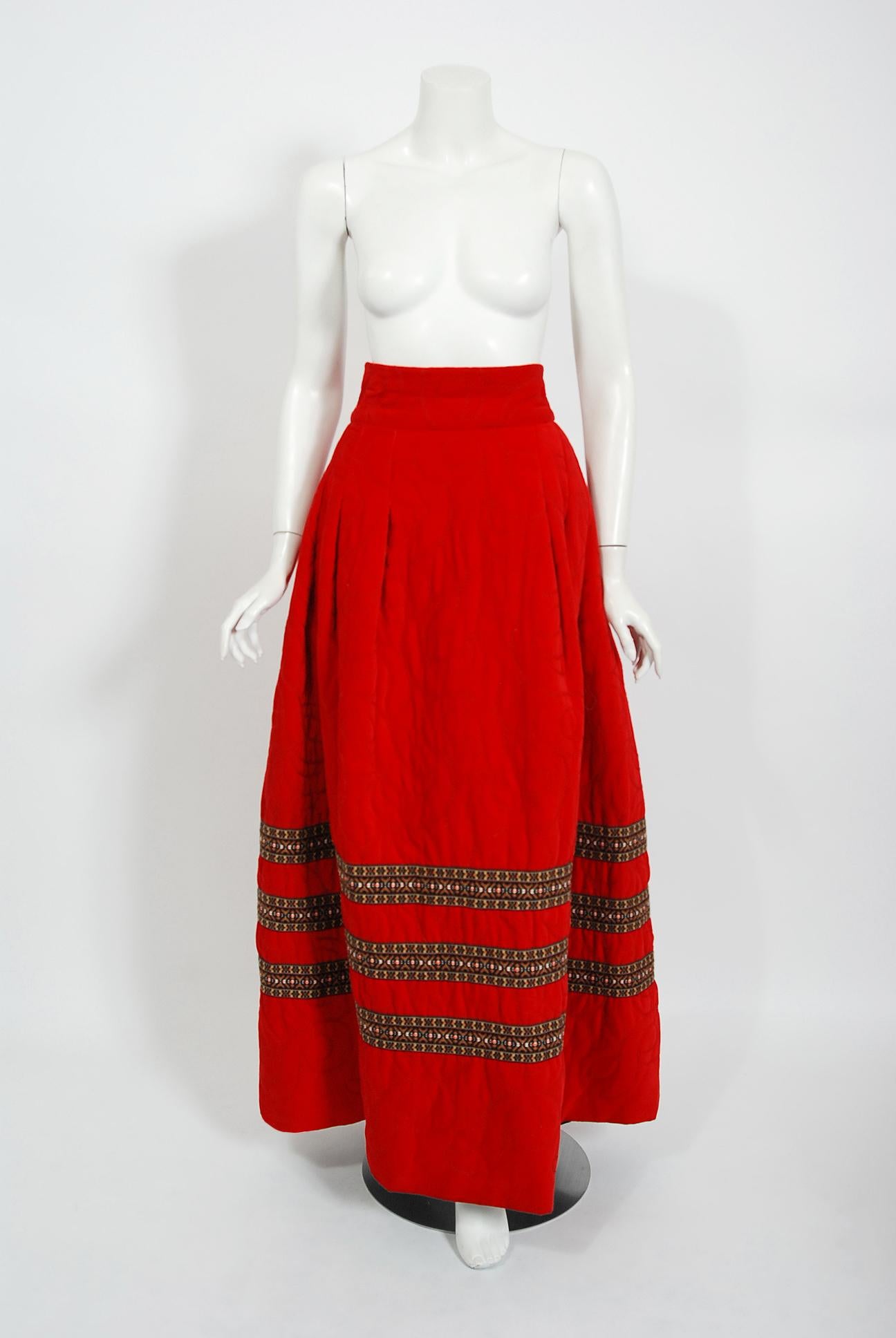 Women's Vintage 1969 Adolfo Couture Red Embroidered Velvet Bell-Sleeve Top & Maxi Skirt