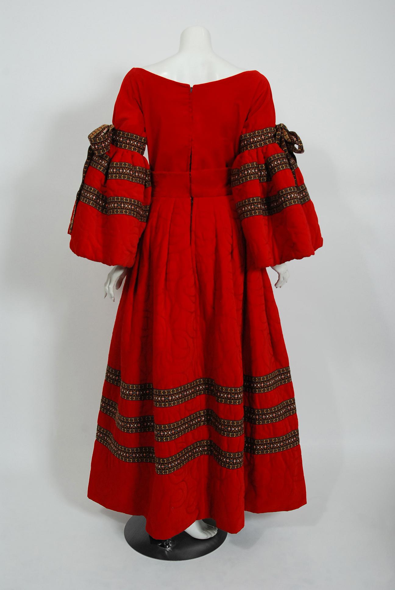 Vintage 1969 Adolfo Couture Red Embroidered Velvet Bell-Sleeve Top & Maxi Skirt 1