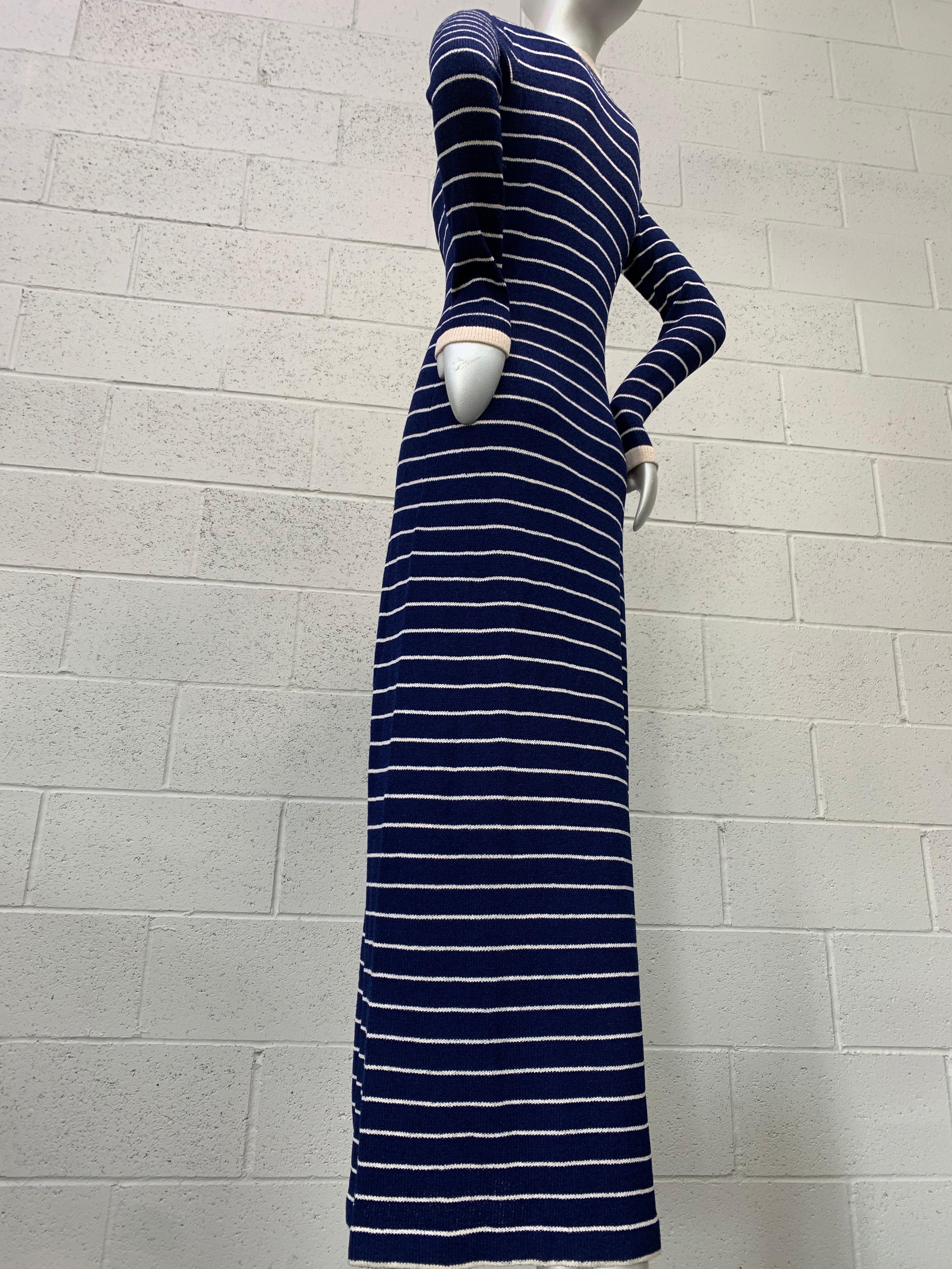 1970 Adolfo Sailor Stripe Navy & Cream  Knit Maxi Dress W/ Button Front  For Sale 2