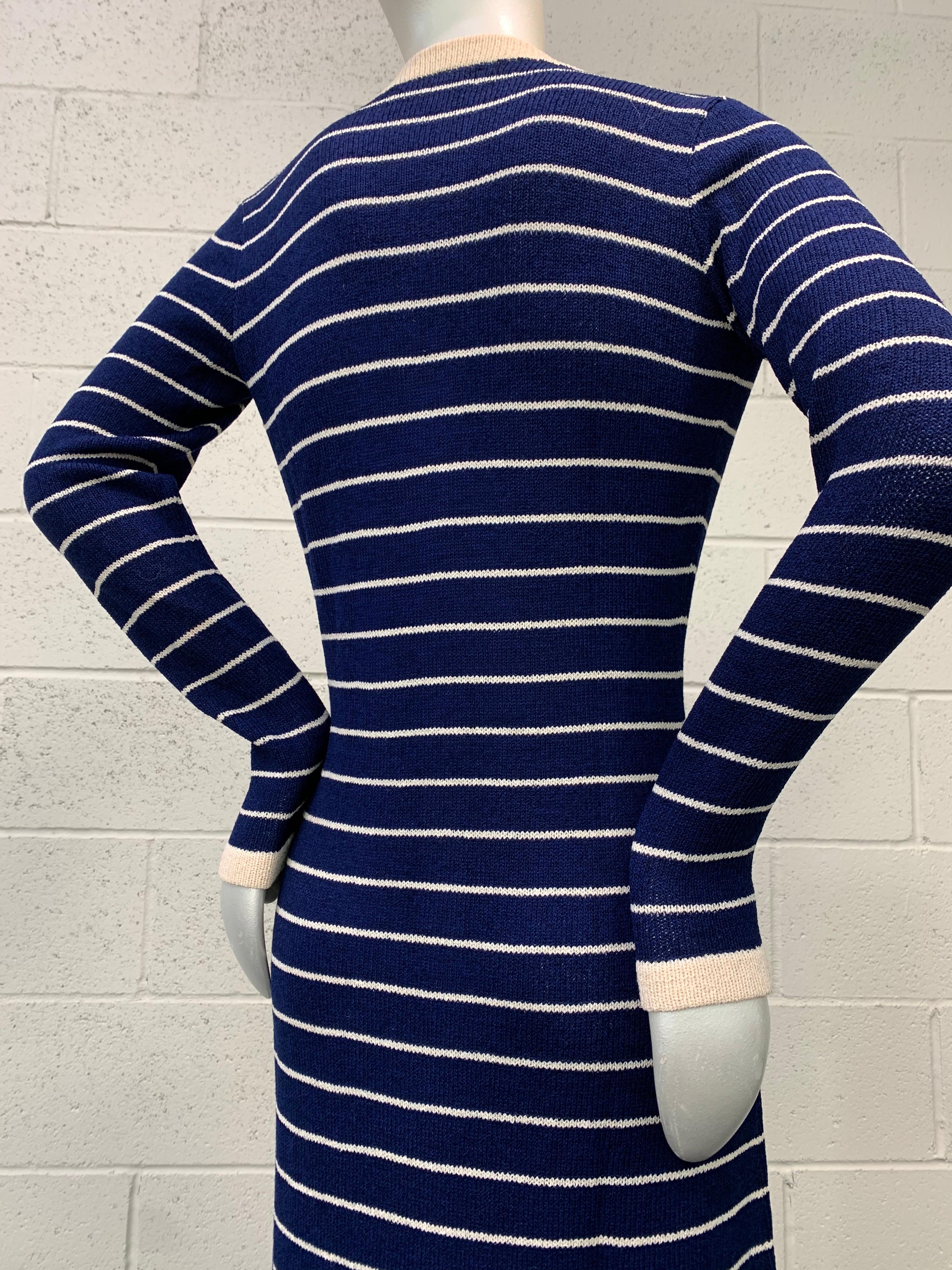 1970 Adolfo Sailor Stripe Navy & Cream  Knit Maxi Dress W/ Button Front  For Sale 4