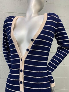 1970 Adolfo Sailor Stripe Navy & Cream  Knit Maxi Dress W/ Button Front