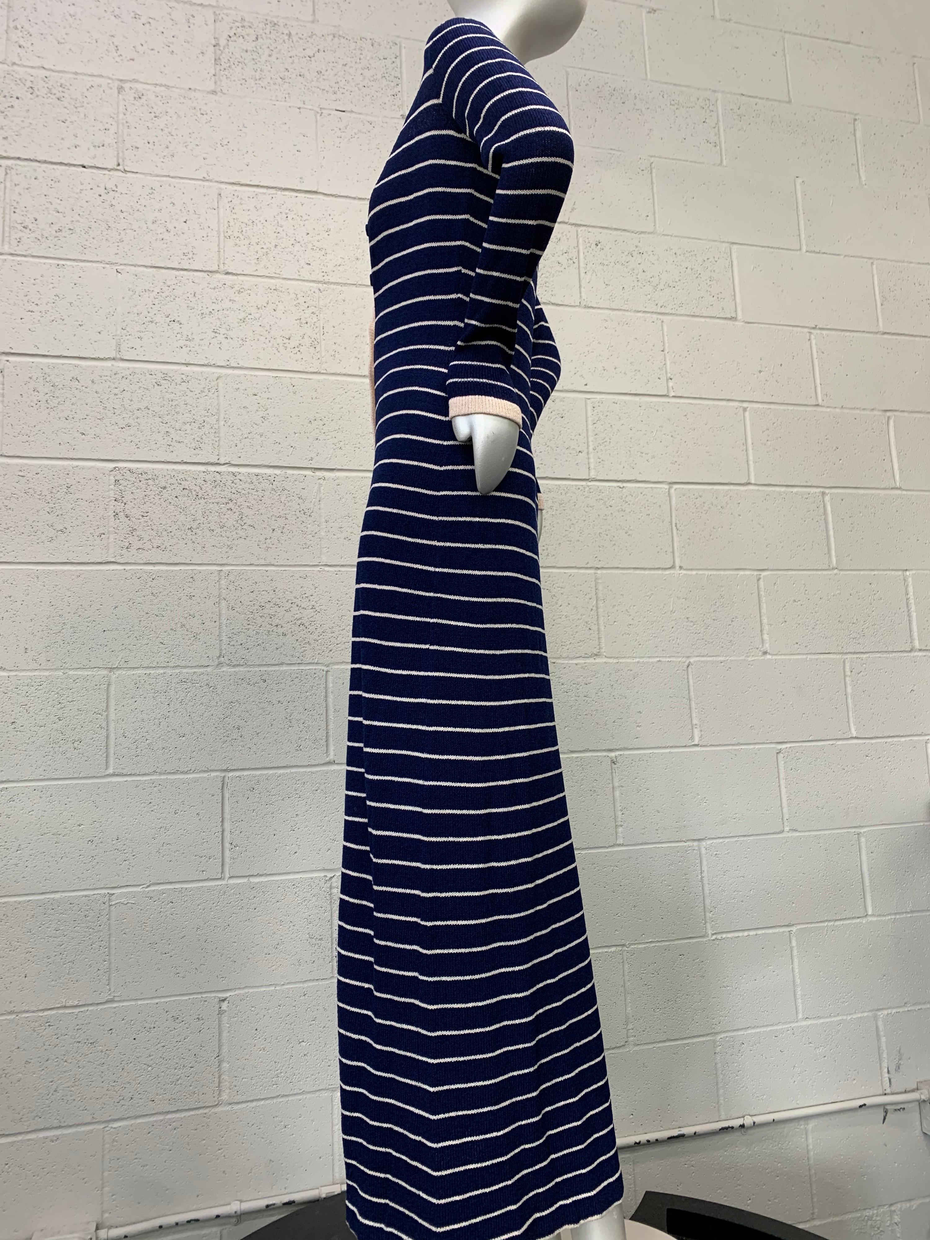 1970 Adolfo Sailor Stripe Navy & Cream  Knit Maxi Dress W/ Button Front  In Excellent Condition For Sale In Gresham, OR
