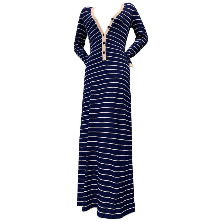 1970 Adolfo Sailor Stripe Navy & Cream Knit Maxi Dress w/ Button Front