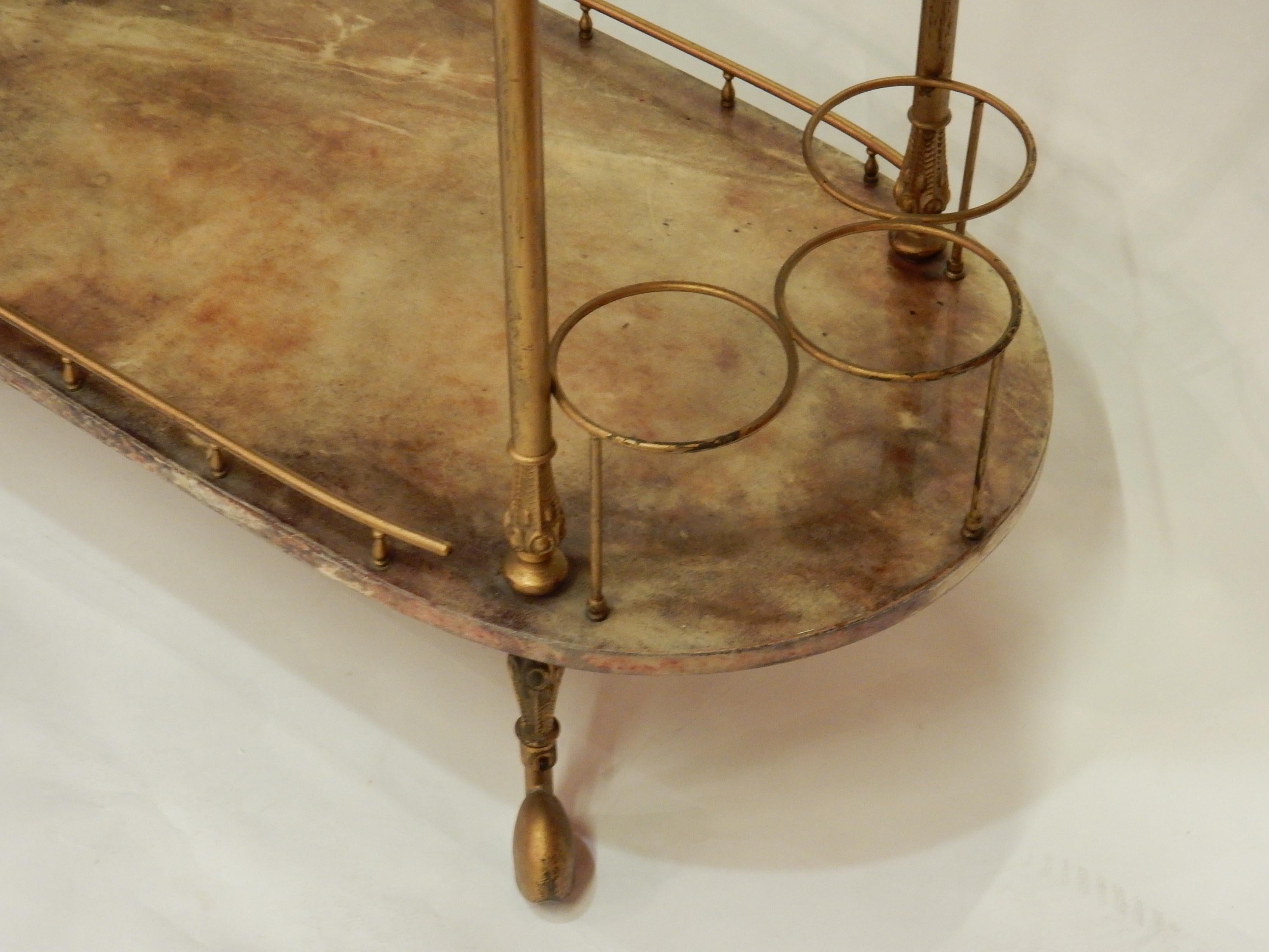 Space Age 1970 Aldo Tura Rolling Bar Neoclassical Gilt Bronze with Goat Skin Vernished