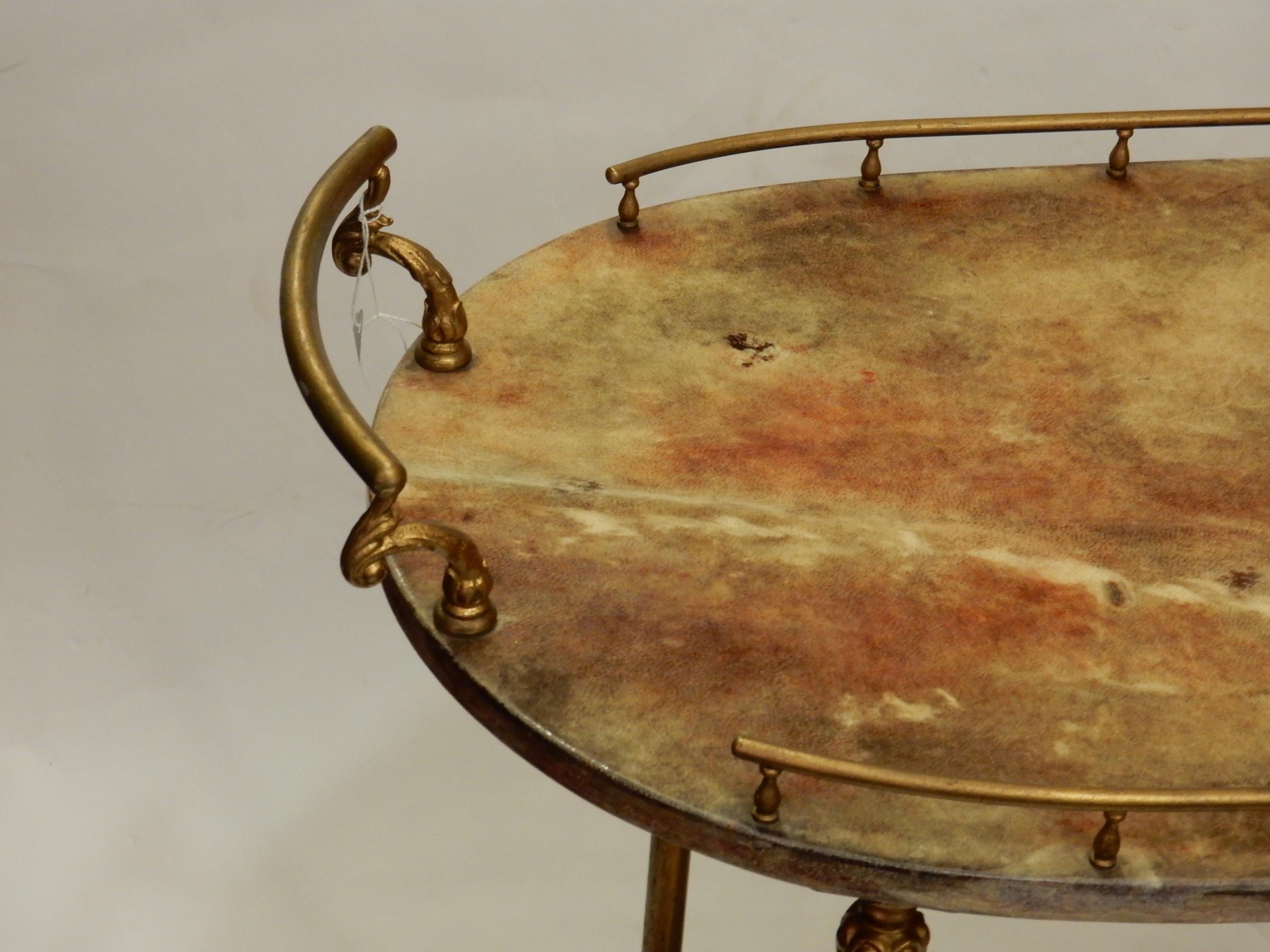 Patinated 1970 Aldo Tura Rolling Bar Neoclassical Gilt Bronze with Goat Skin Vernished