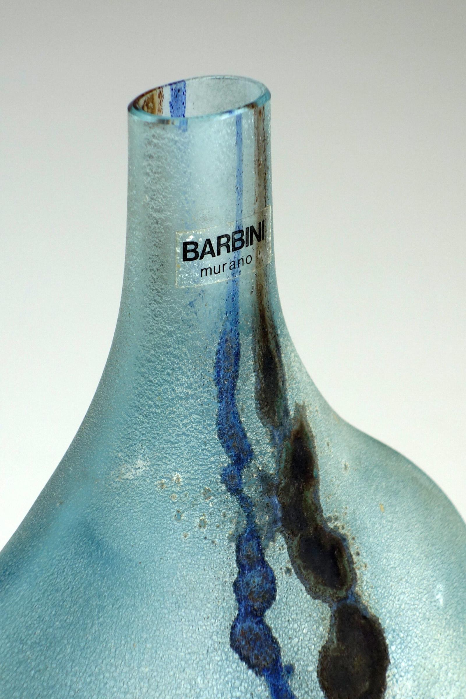 Mid-Century Modern 1970 Alfredo Barbini Blue Scavo Murano Glass Vase