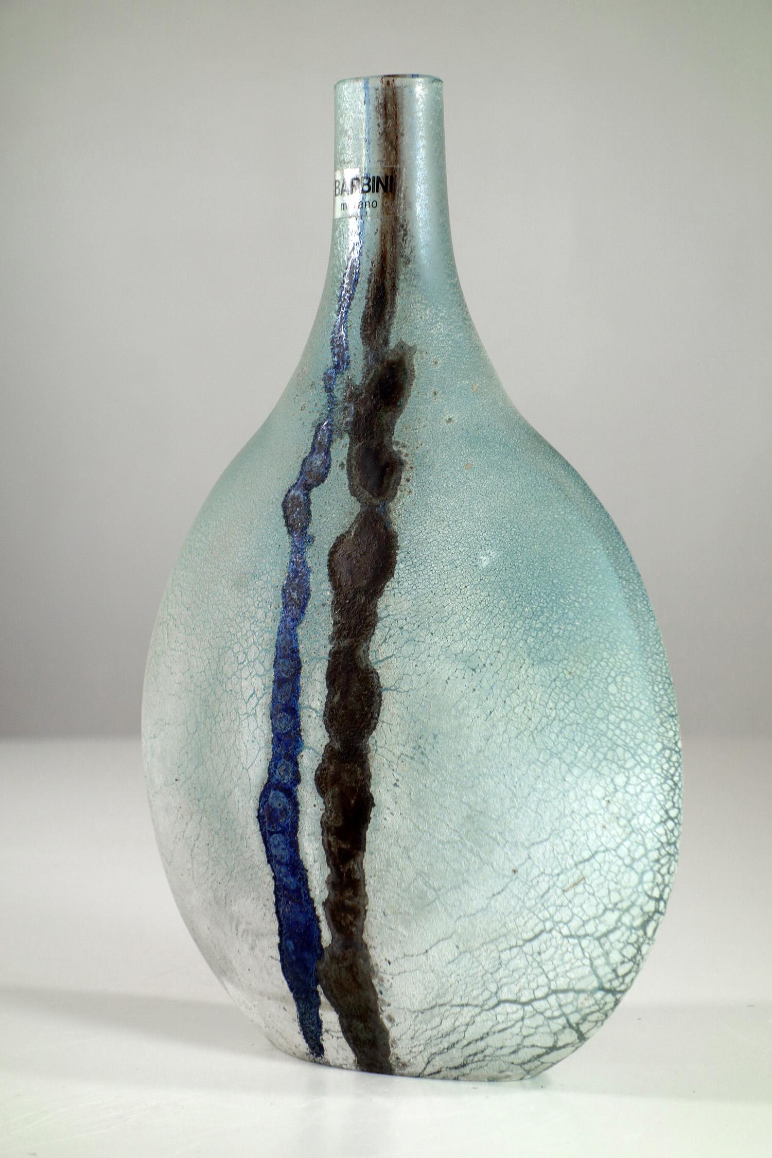 Italian 1970 Alfredo Barbini Blue Scavo Murano Glass Vase