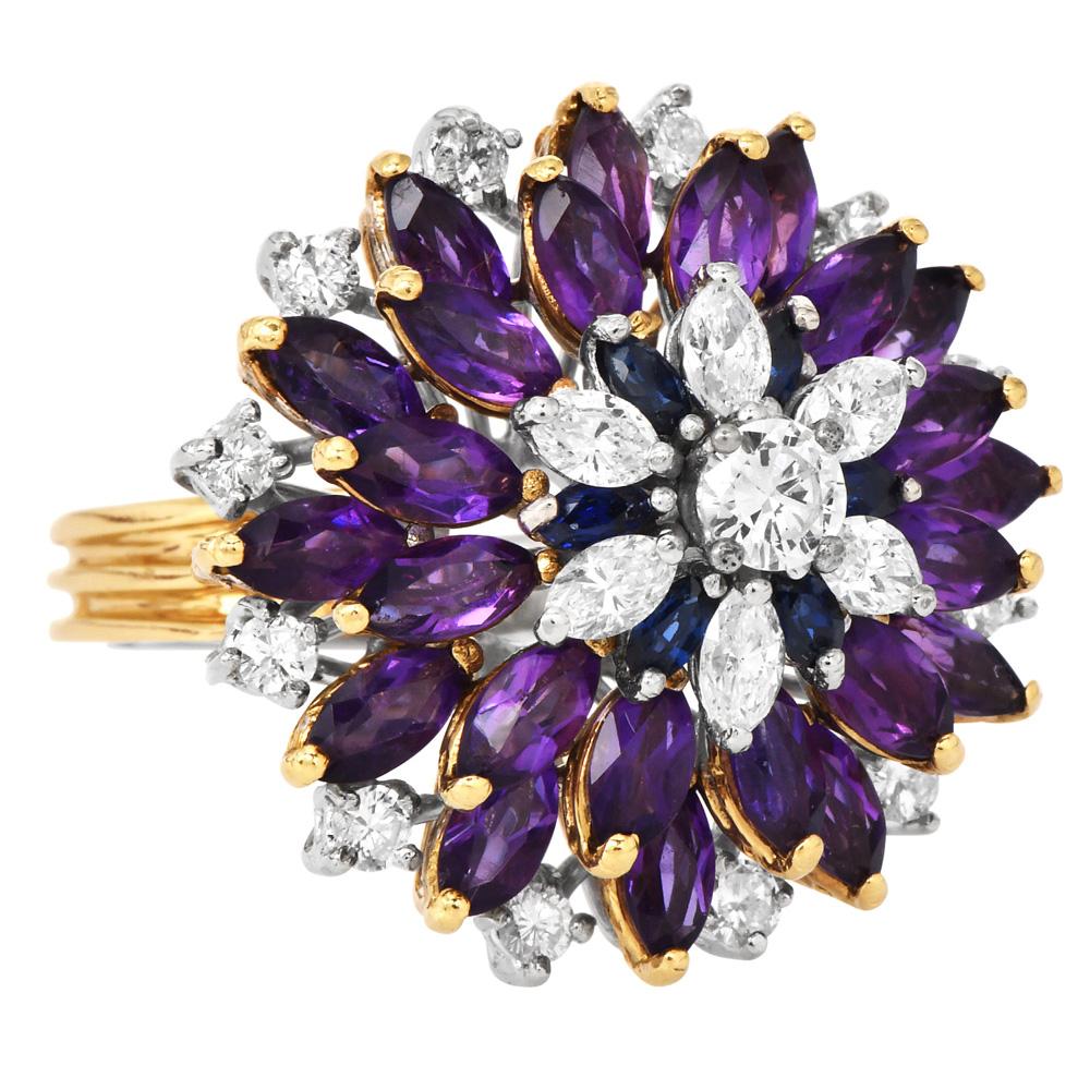 1970 Amethyst Diamond Sapphire 18K Gold Floral Cocktail Ring 4