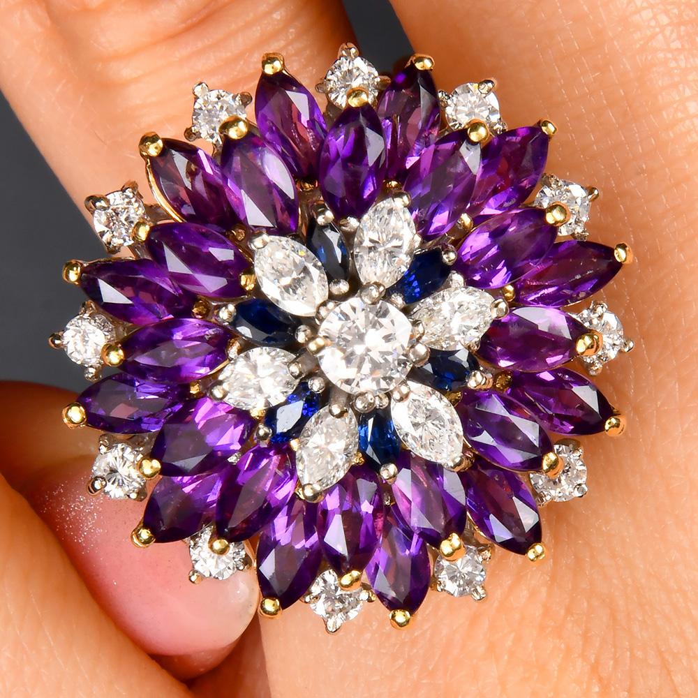 1970 Amethyst Diamond Sapphire 18K Gold Floral Cocktail Ring 5