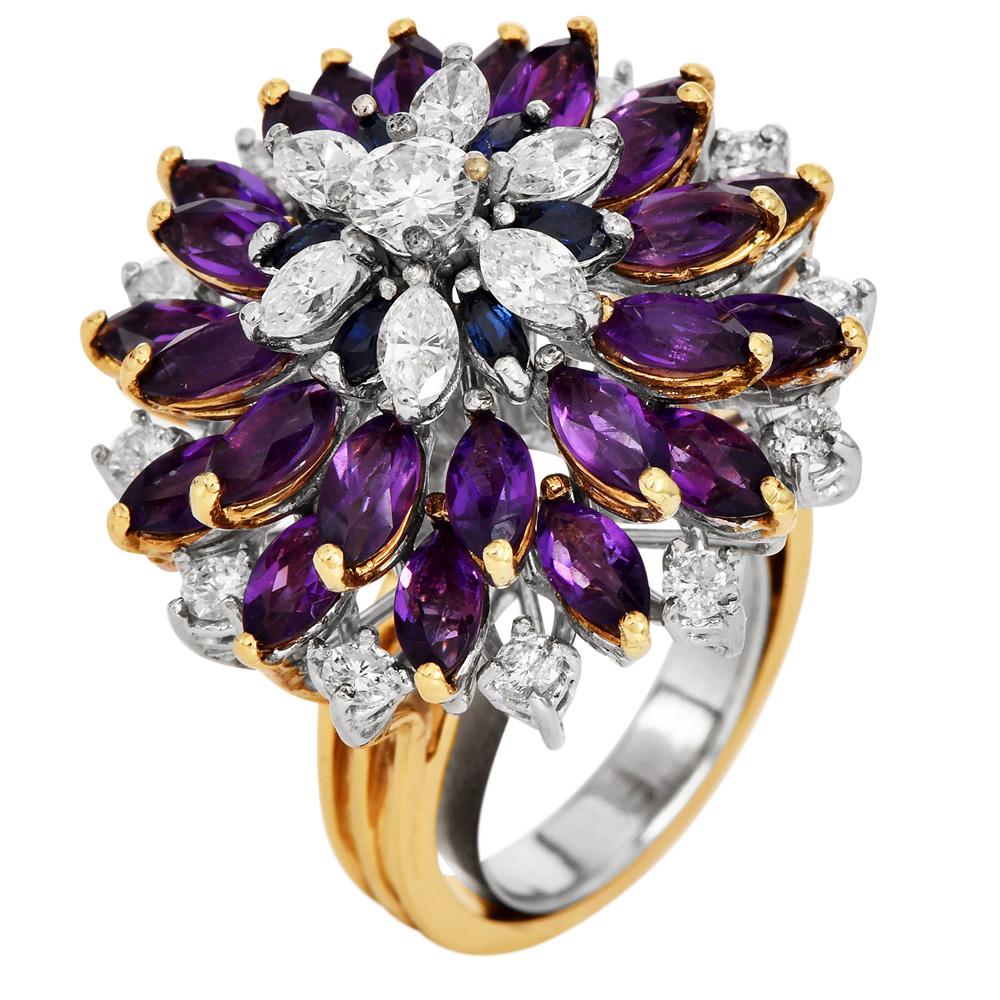 1970 Amethyst Diamond Sapphire 18K Gold Floral Cocktail Ring In Excellent Condition In Miami, FL