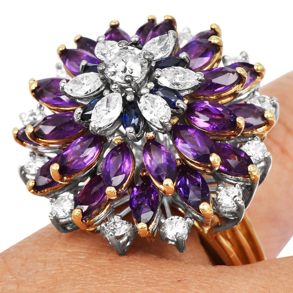 Women's 1970 Amethyst Diamond Sapphire 18K Gold Floral Cocktail Ring