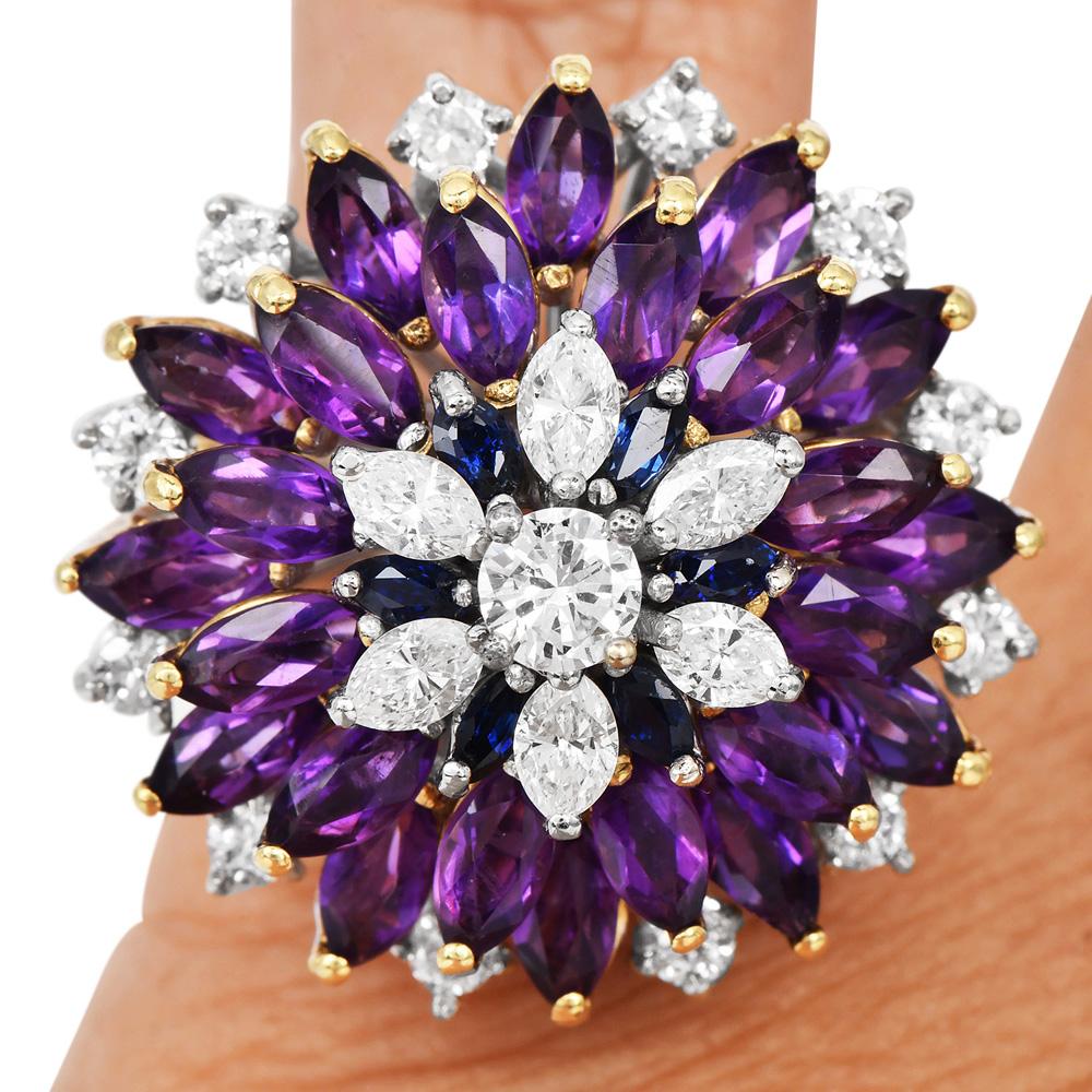 1970 Amethyst Diamond Sapphire 18K Gold Floral Cocktail Ring 1