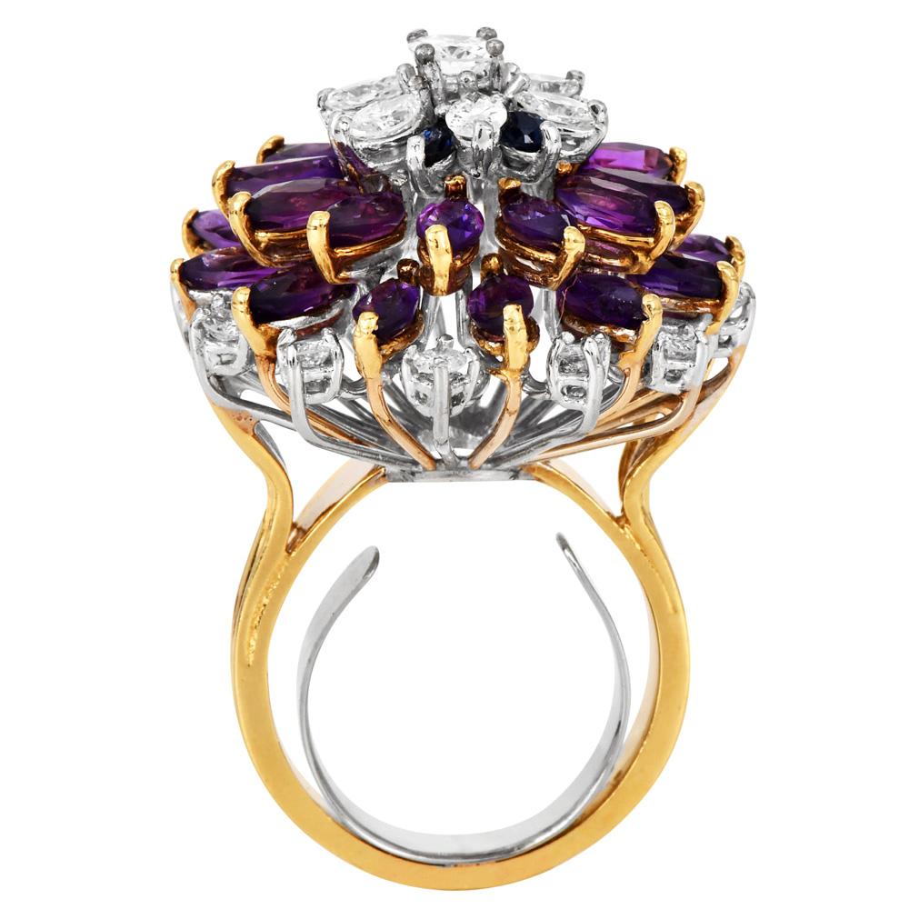 1970 Amethyst Diamond Sapphire 18K Gold Floral Cocktail Ring 3
