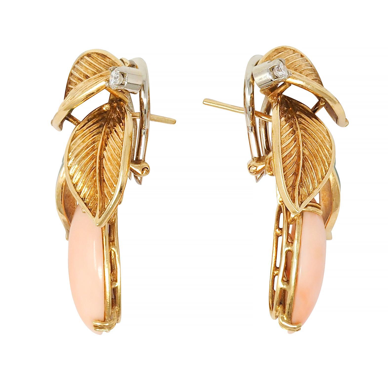 Oval Cut 1970 Angel Skin Coral Diamond Enamel Platinum 18K Gold Vintage Foliate Earrings