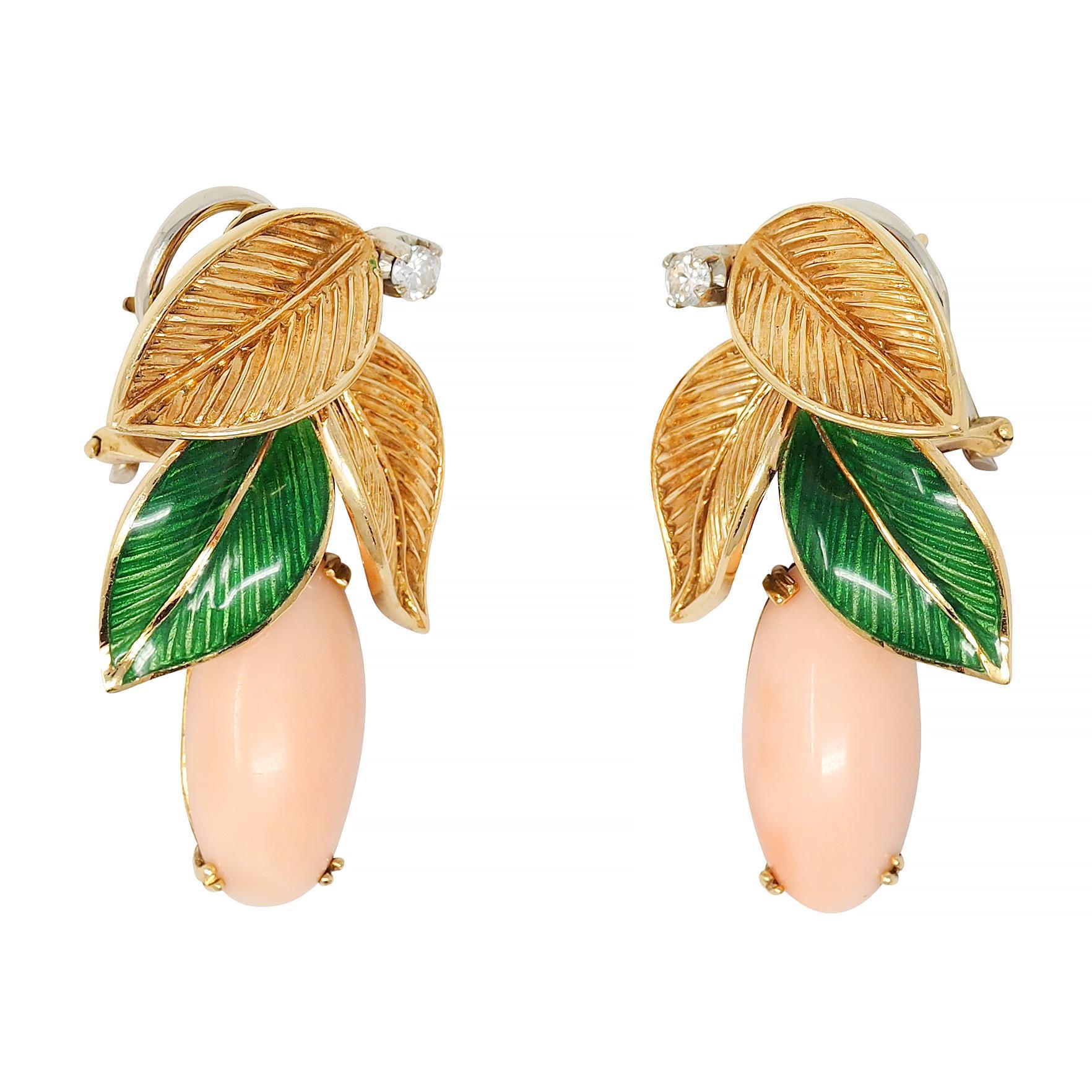 Women's or Men's 1970 Angel Skin Coral Diamond Enamel Platinum 18K Gold Vintage Foliate Earrings