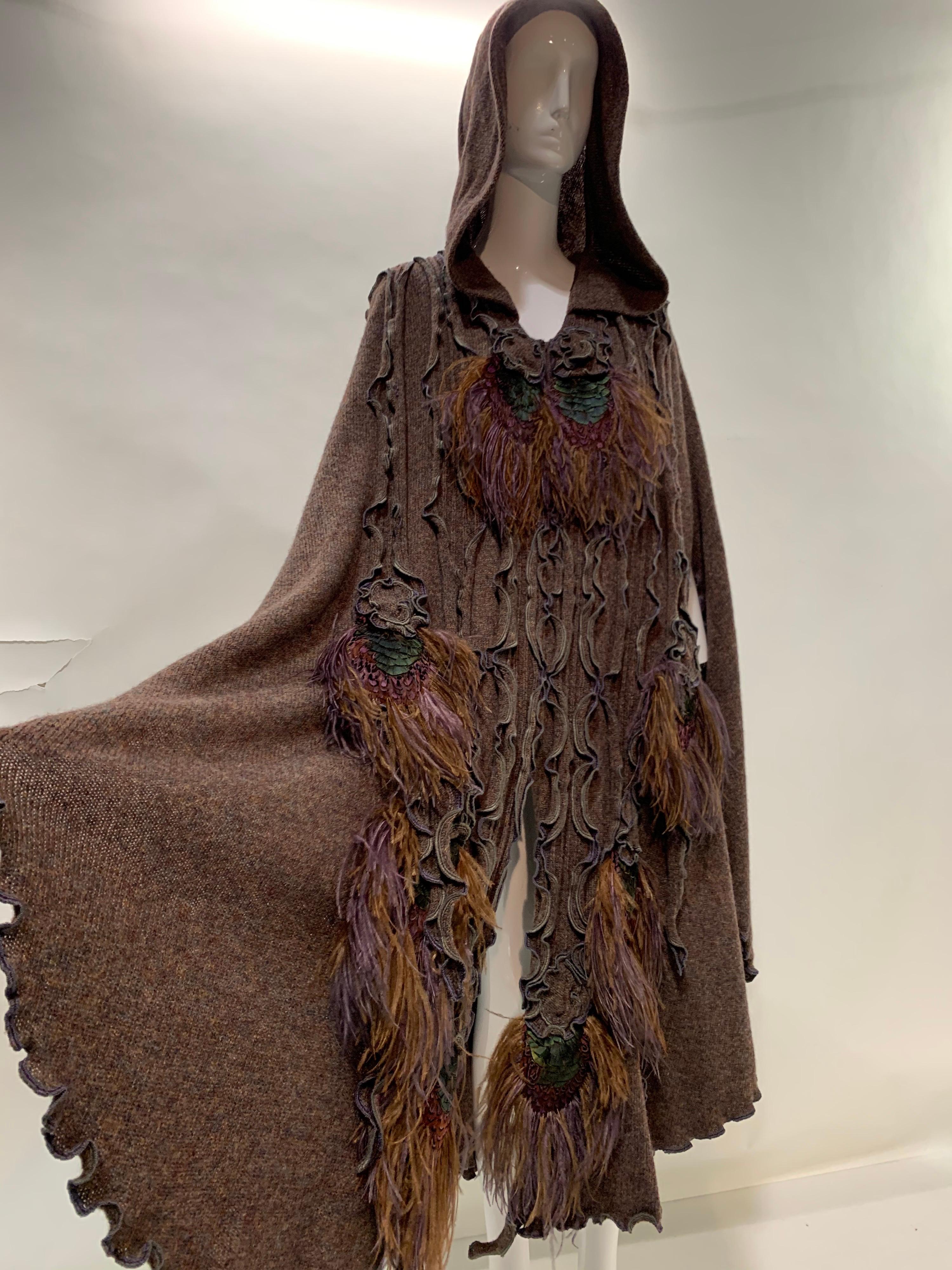 1970s Animal Rainbow - London hippie-chic fairytale-style wool cape with hood, adorned with pheasant feathers, ostrich feathers and ruffles giving a very organic feel to this stunning piece of art-to-wear. Ali McGraw wore the same cape in another