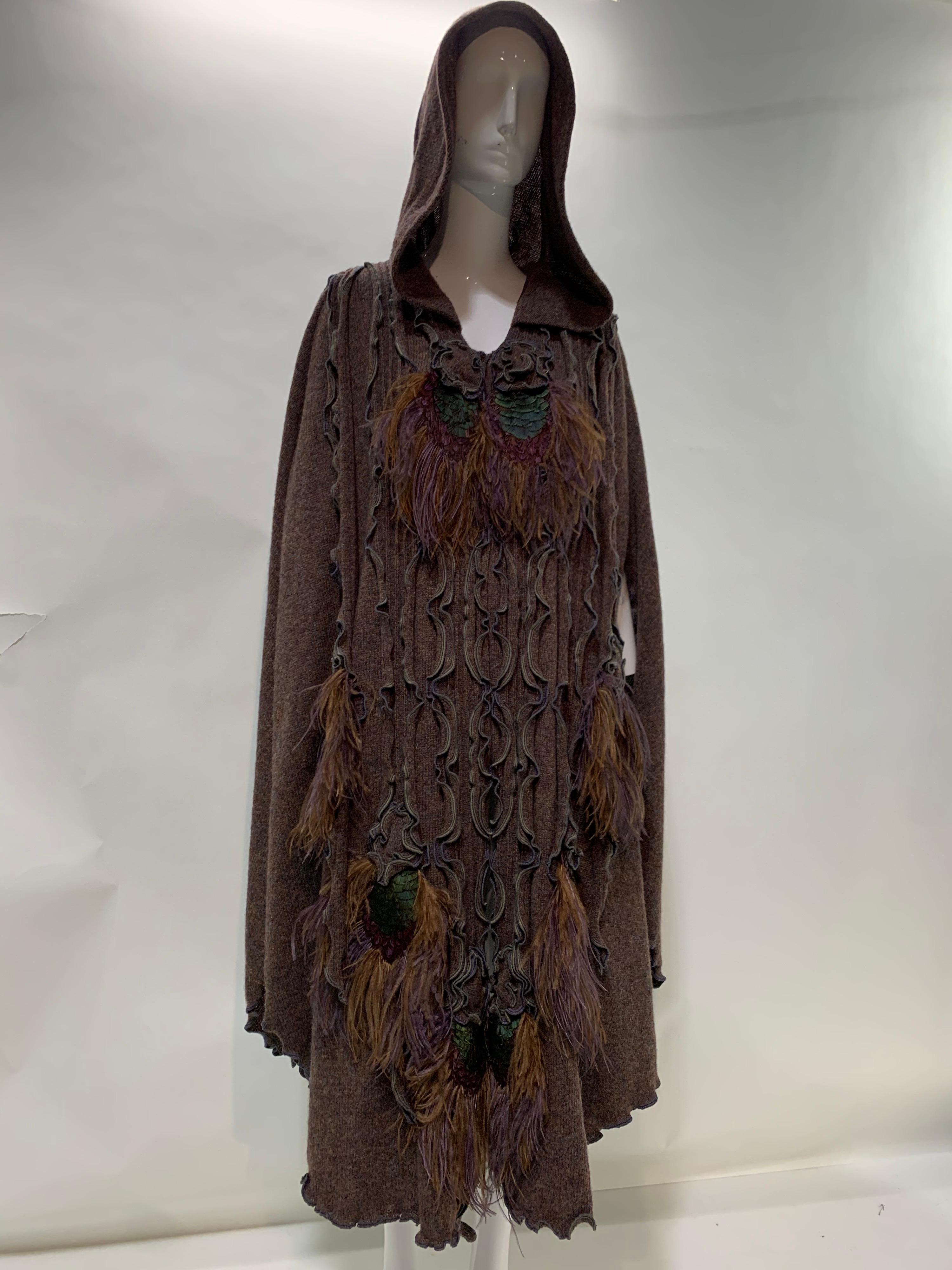 Black 1970 Animal Rainbow - London Hooded Hippie Chic Feathered Wool Fairytale Cape  For Sale