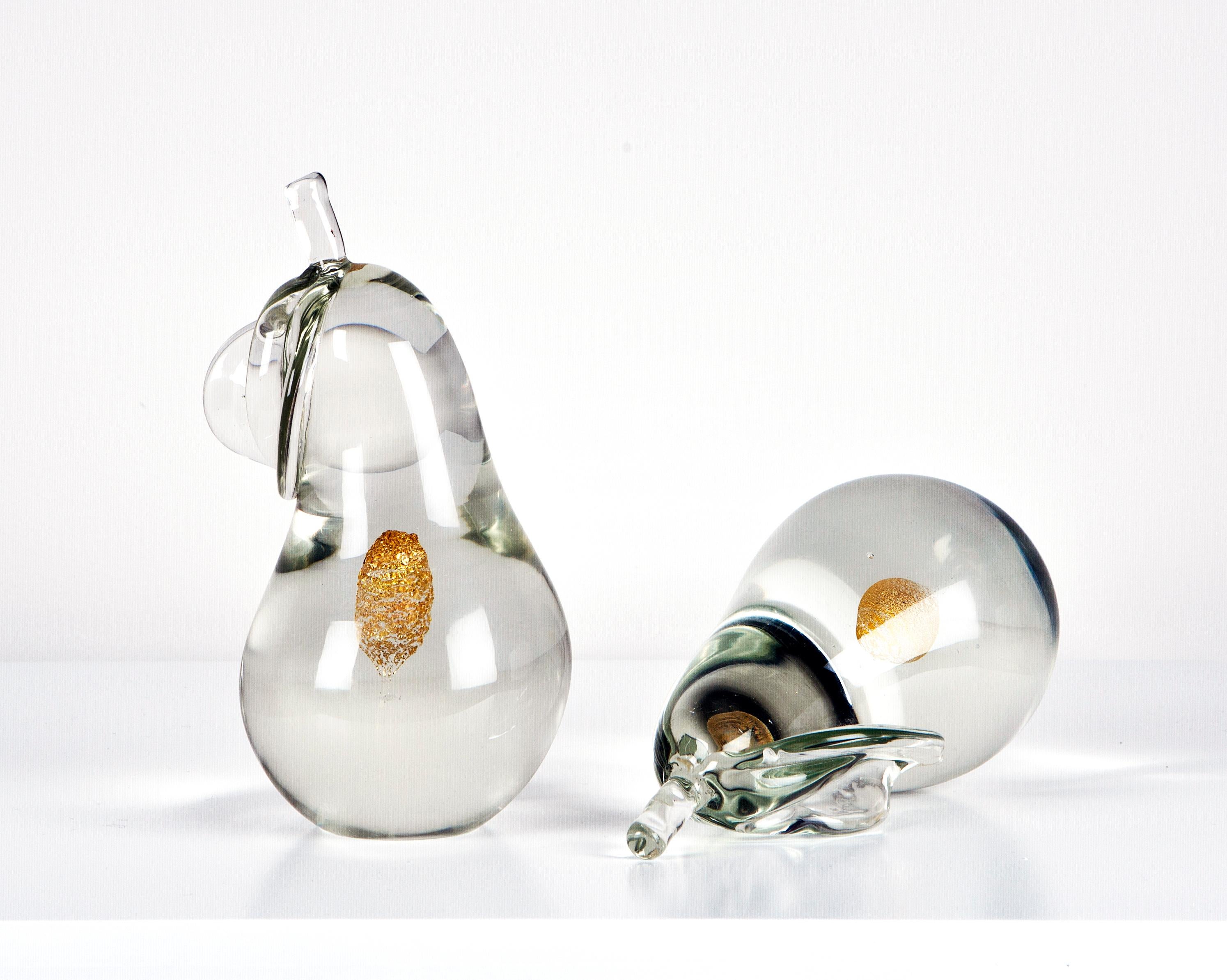 Mid-Century Modern 1970 Antonio da Ros Pair of Crystal Pears Sculpture Gold Dust Glass