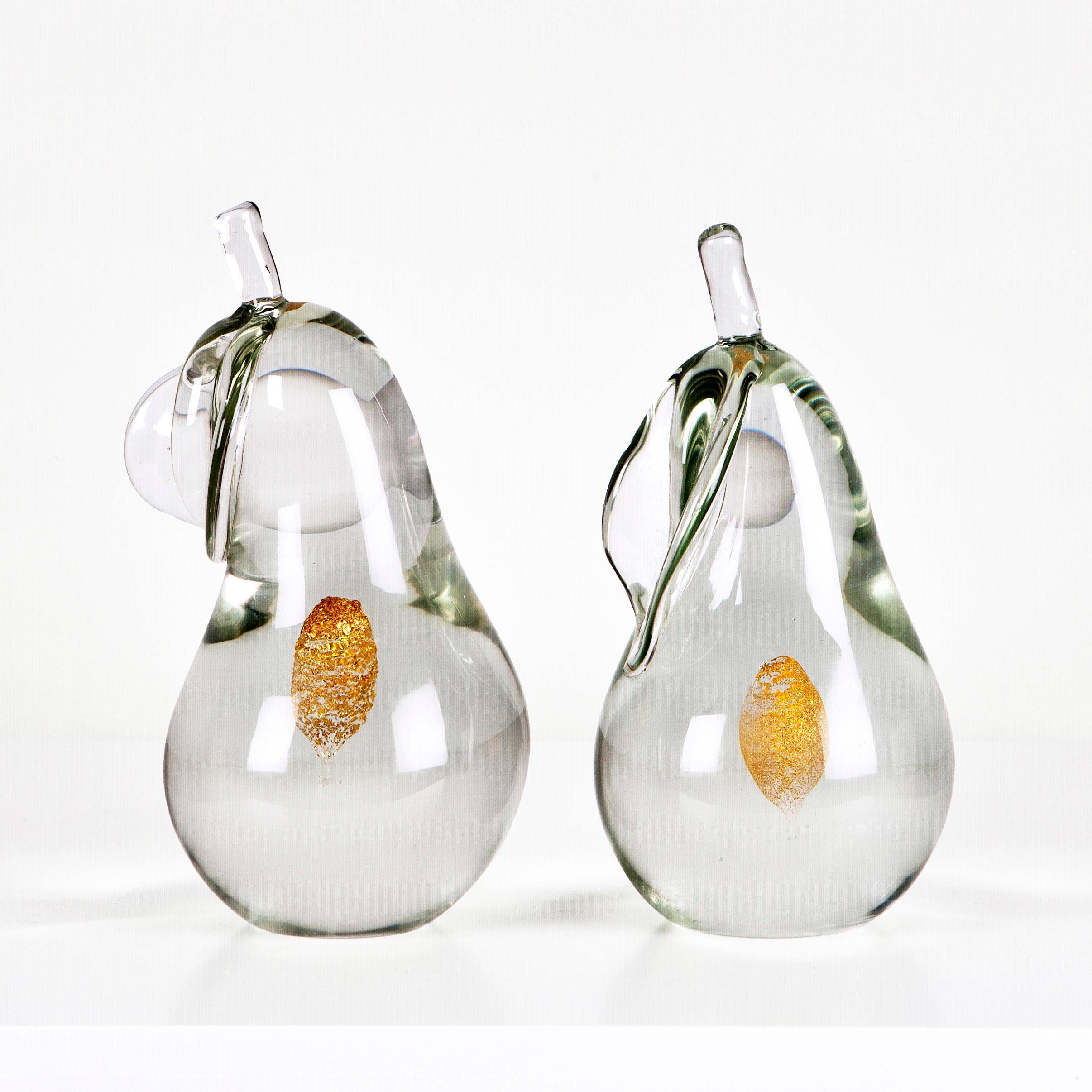 1970 Antonio da Ros Pair of Crystal Pears Sculpture Gold Dust Glass In Excellent Condition In Madrid, ES
