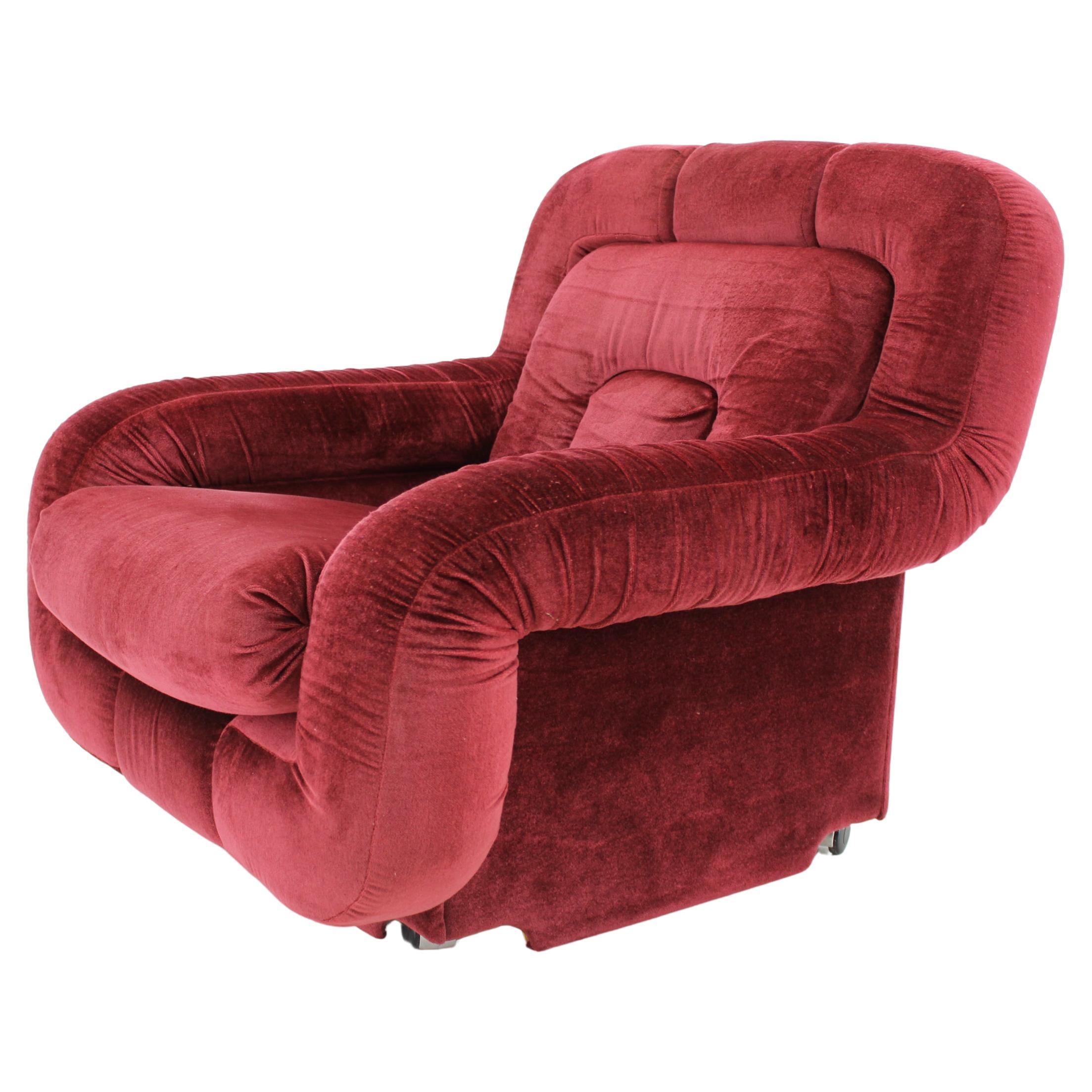 1970 Armchair in Red Velvet, Italy  For Sale