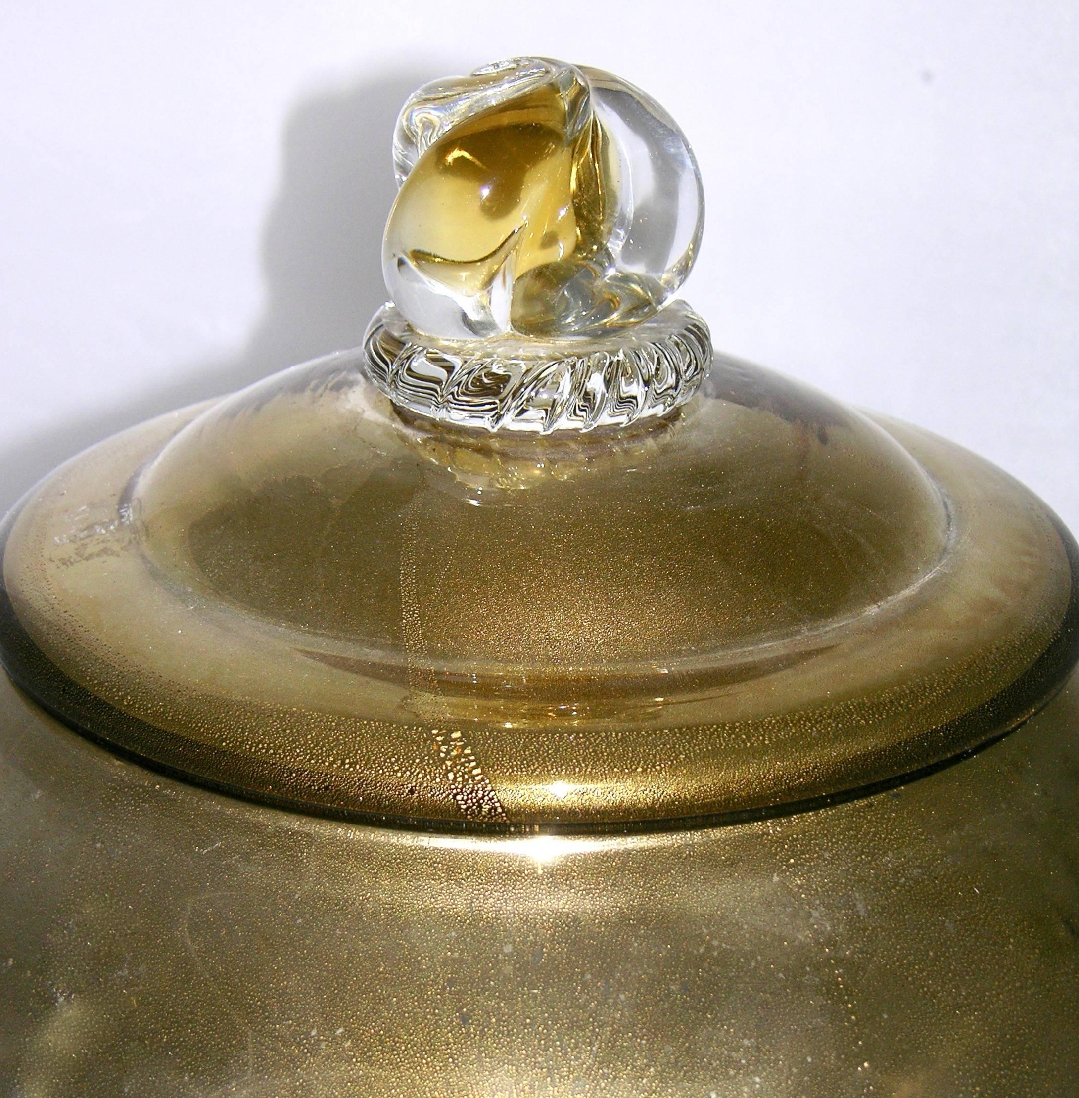 1970 Art Deco Italian Vintage Gold & Crystal Murano Glass Round Vase with Cover 6