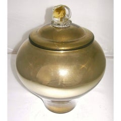 1970 Art Deco Italian Vintage Gold & Crystal Murano Glass Round Vase with Cover