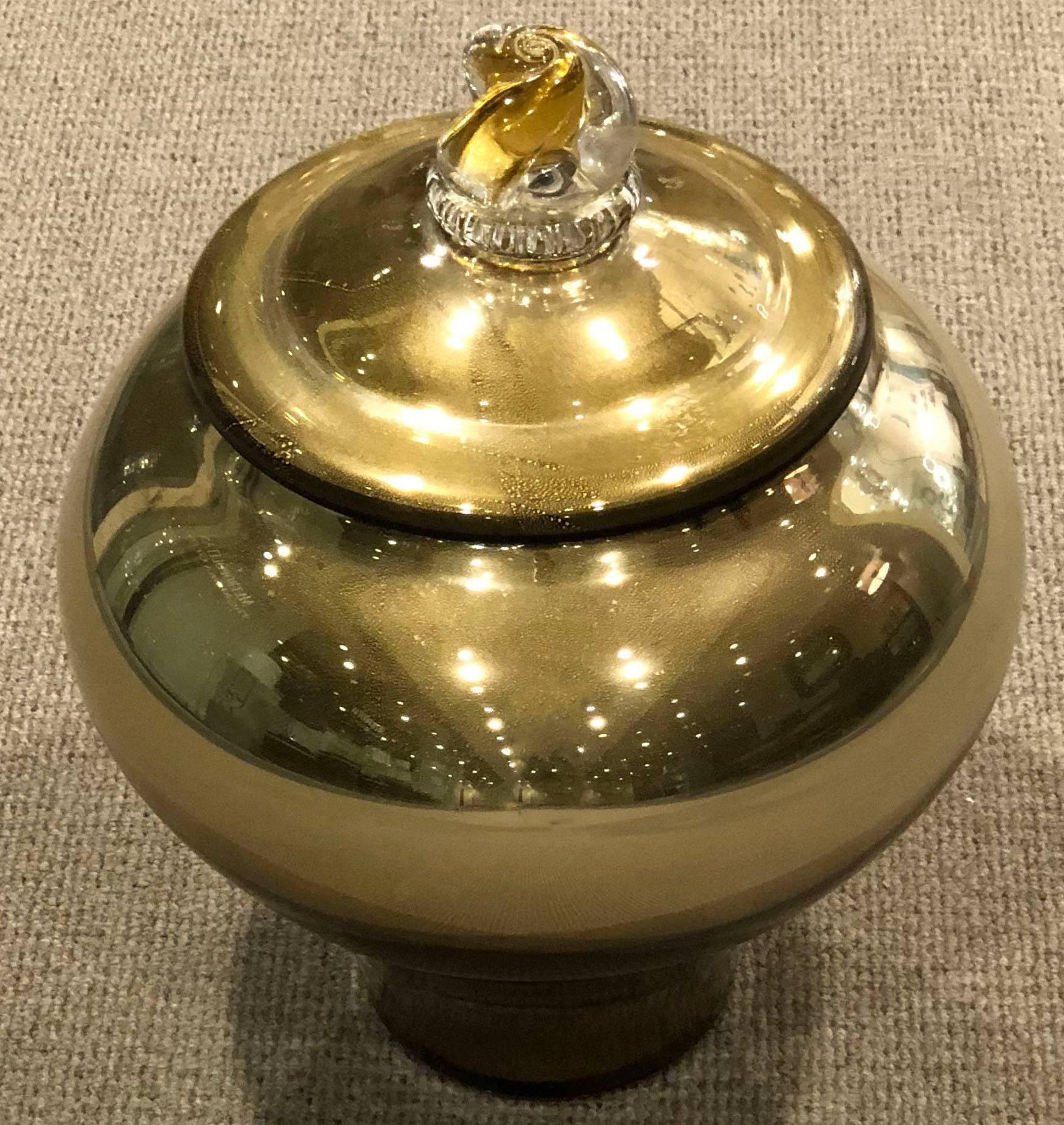1970 Art Deco Italian Vintage Gold & Crystal Murano Glass Round Vase with Cover 3