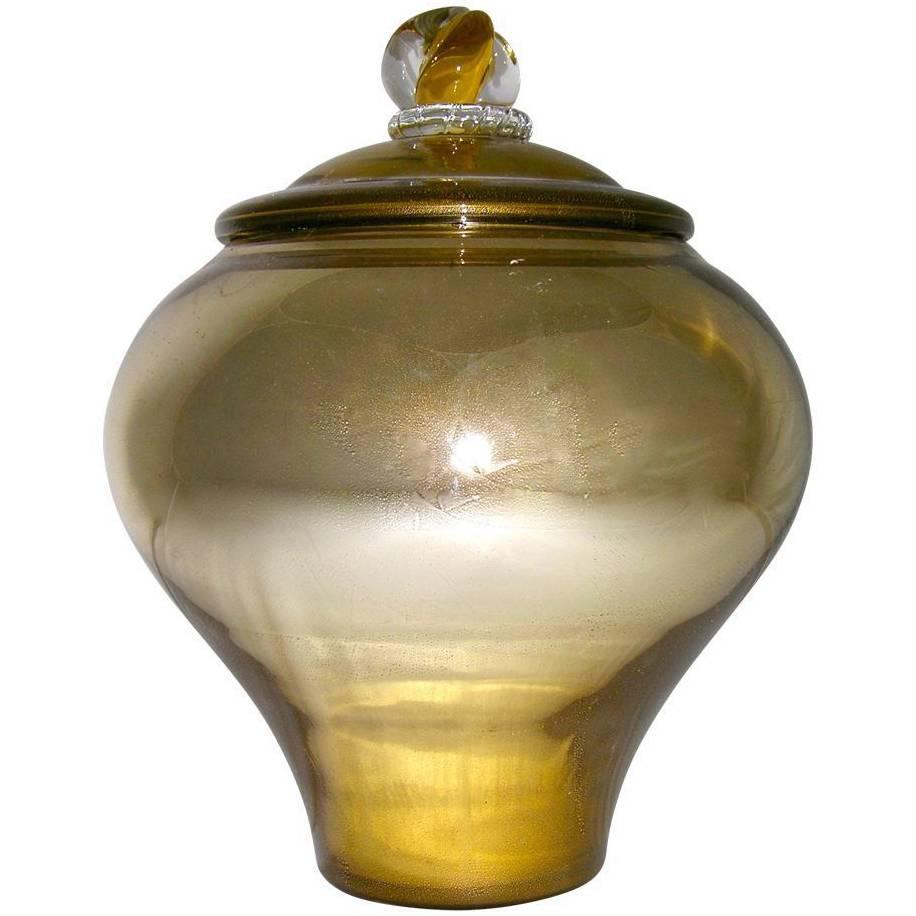 1970 Art Deco Italian Vintage Gold & Crystal Murano Glass Round Vase with Cover