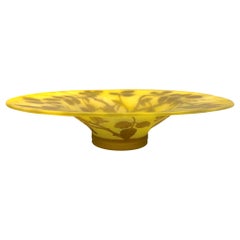 1970 Austrian Art Nouveau Style Yellow Glass Bowl / Dish with Brown Flower Decor