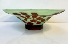 1970 Austrian Vintage Art Nouveau Rose Leaf Decor Green Brown Overlay Glass Bowl