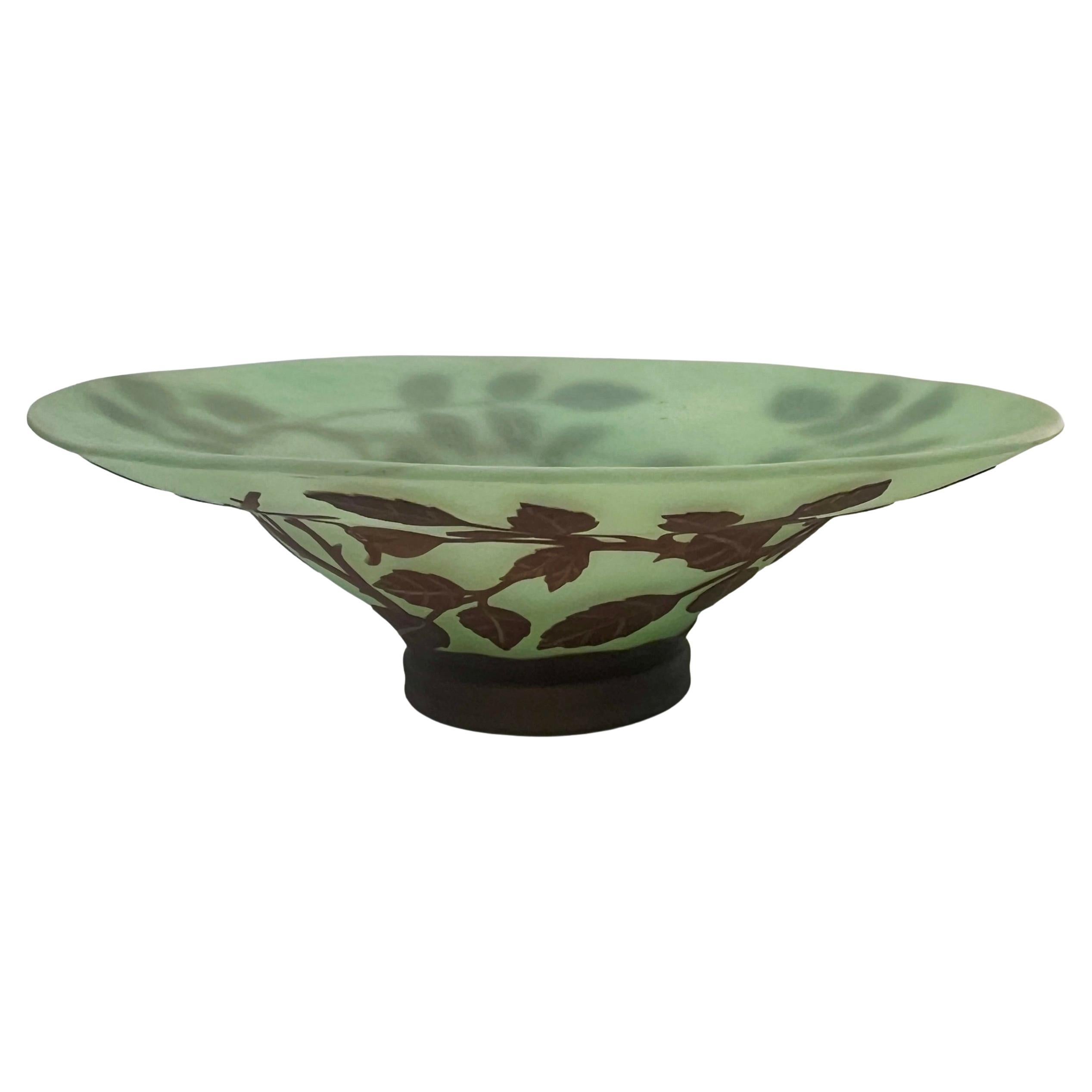 1970 Austrian Vintage Art Nouveau Rose Leaf Decor Green Brown Overlay Glass Bowl