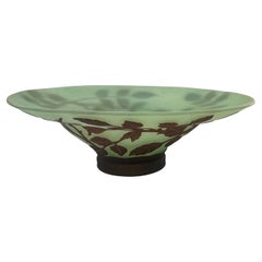 1970 Austrian Vintage Art Nouveau Rose Leaf Decor Green Brown Overlay Glass Bowl