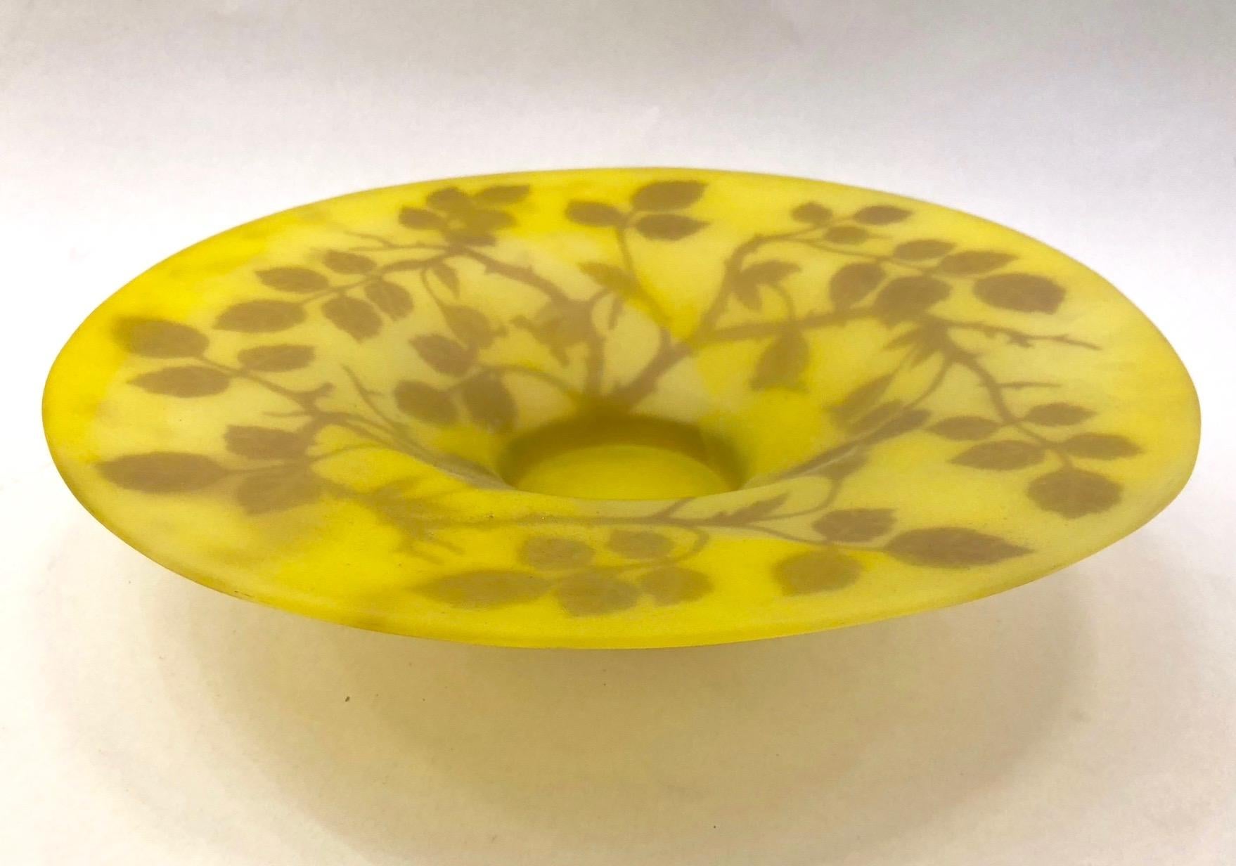 1970 Austrian Art Nouveau Style Yellow Glass Bowl / Dish with Brown Flower Decor 3