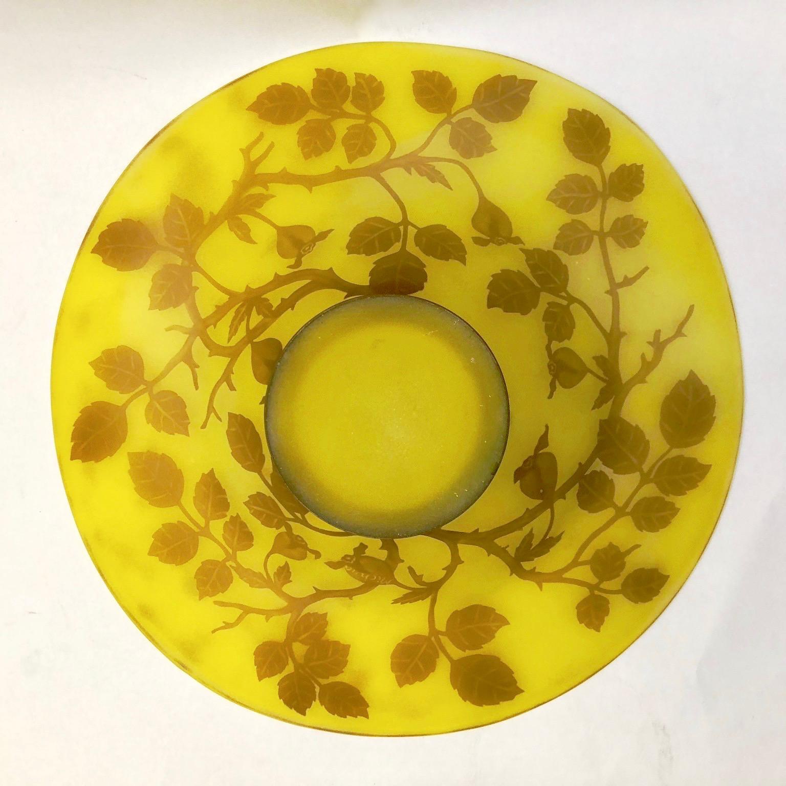 Hand-Carved 1970 Austrian Art Nouveau Style Yellow Glass Bowl / Dish with Brown Flower Decor