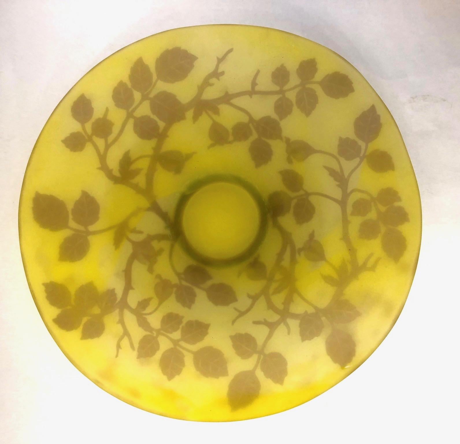 1970 Austrian Art Nouveau Style Yellow Glass Bowl / Dish with Brown Flower Decor In Excellent Condition In New York, NY