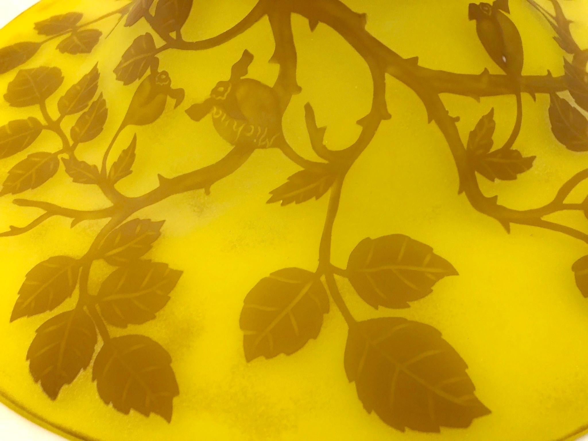 Art Glass 1970 Austrian Art Nouveau Style Yellow Glass Bowl / Dish with Brown Flower Decor