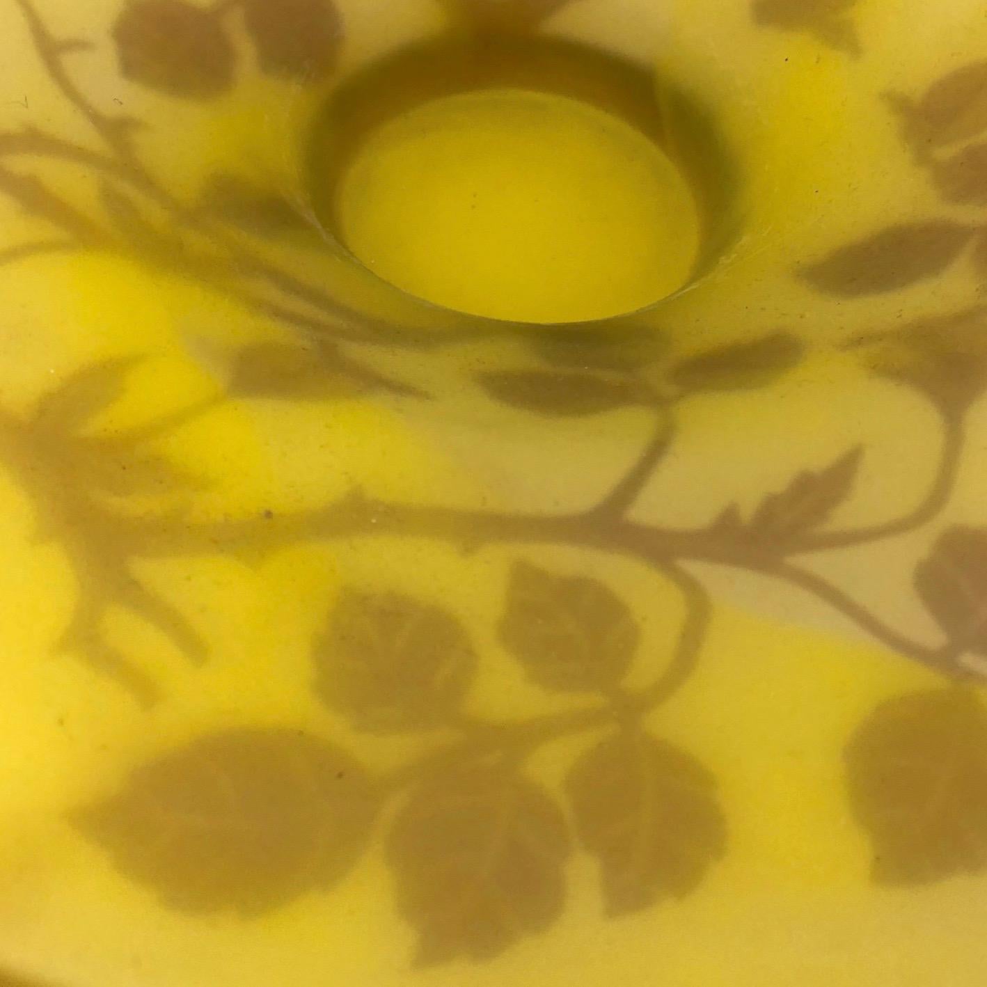 1970 Austrian Art Nouveau Style Yellow Glass Bowl / Dish with Brown Flower Decor 2