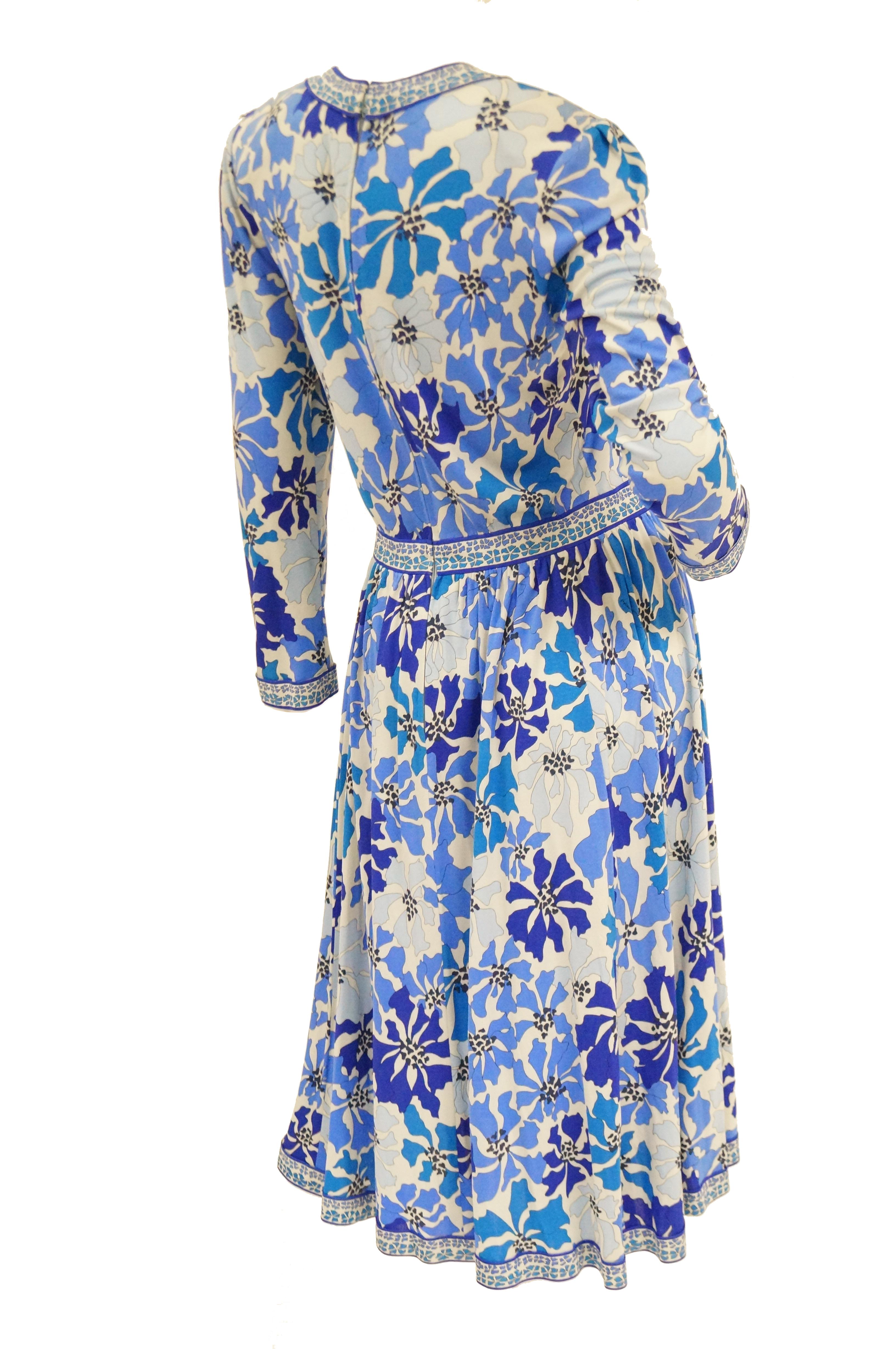 1970 Averardo Bessi Blue Floral Geometric Print Midi Dress In Excellent Condition In Houston, TX